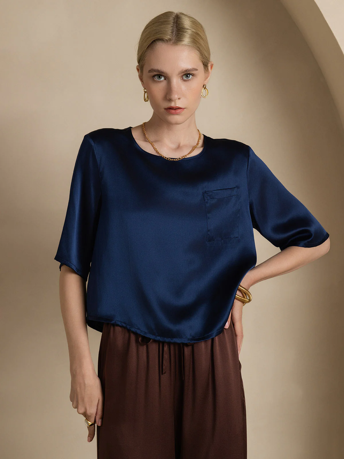 Zuivere Zijde Casual Halve Mouw Dames T-Shirt - Image 24