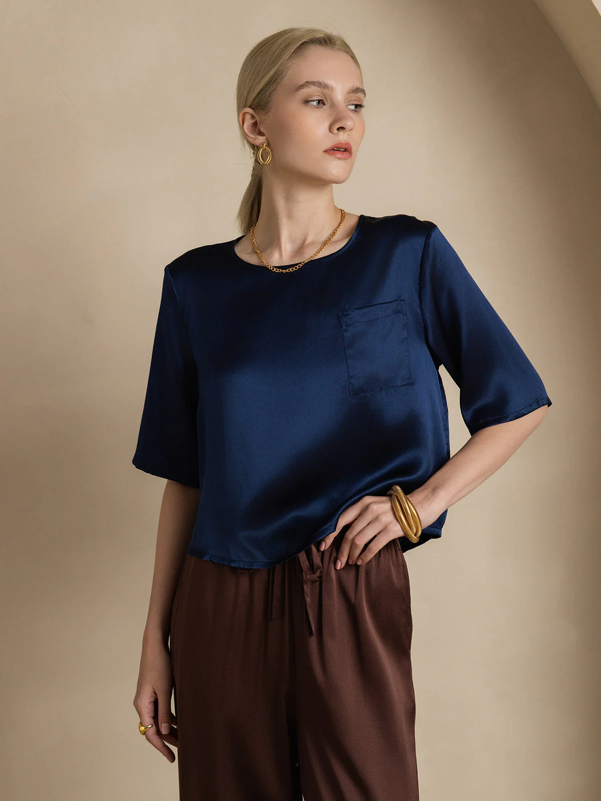 Zuivere Zijde Casual Halve Mouw Dames T-Shirt - Image 25