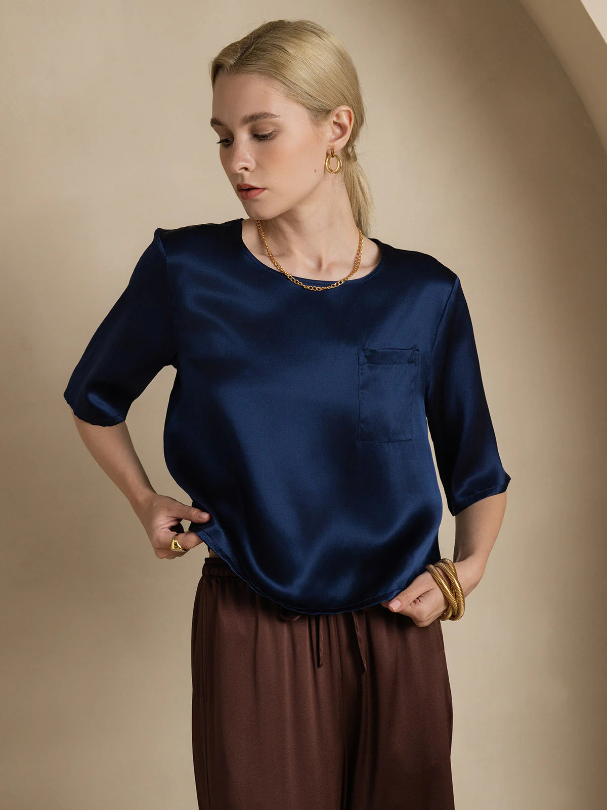 Zuivere Zijde Casual Halve Mouw Dames T-Shirt - Image 26