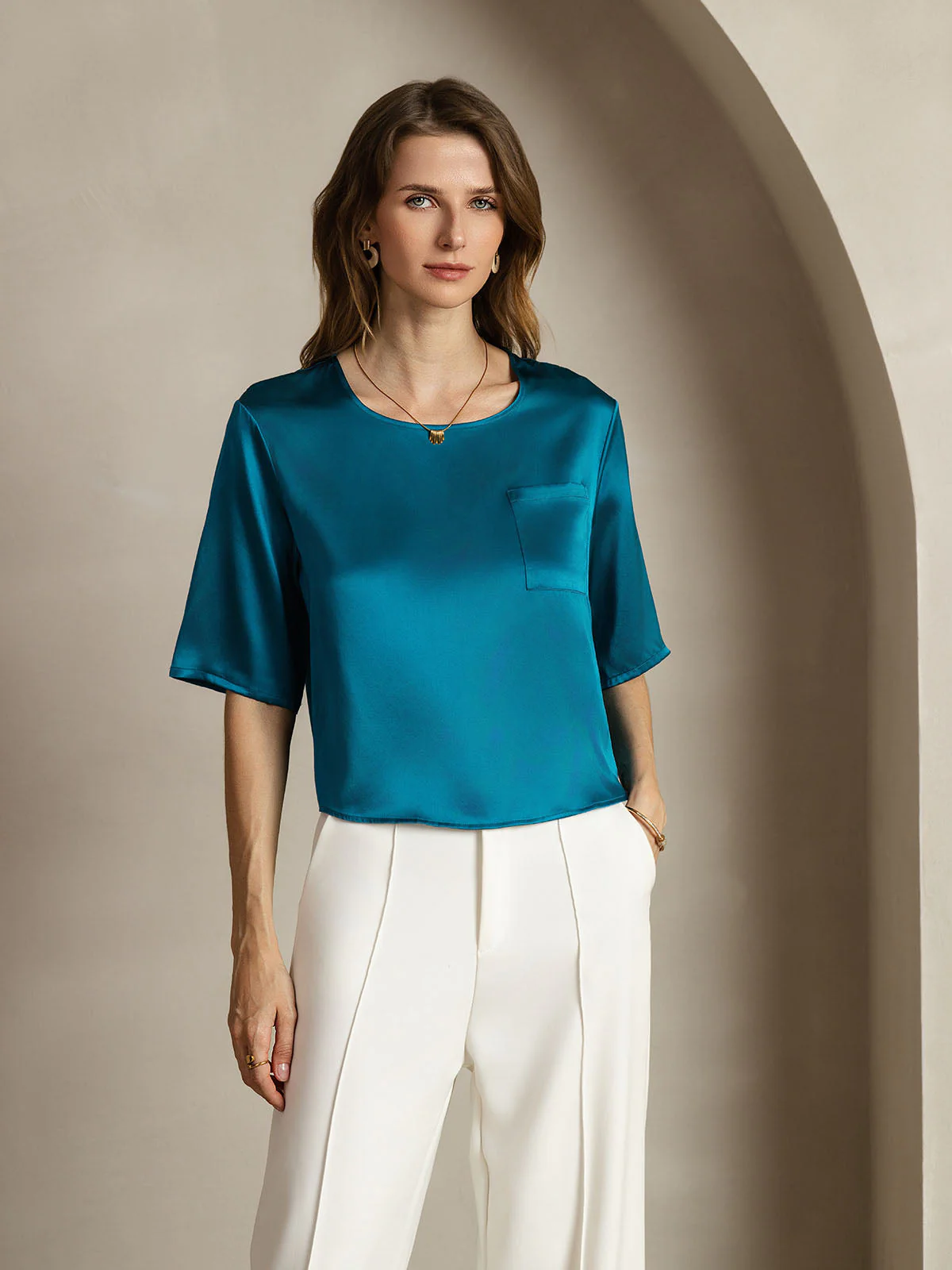 Zuivere Zijde Casual Halve Mouw Dames T-Shirt - Image 29