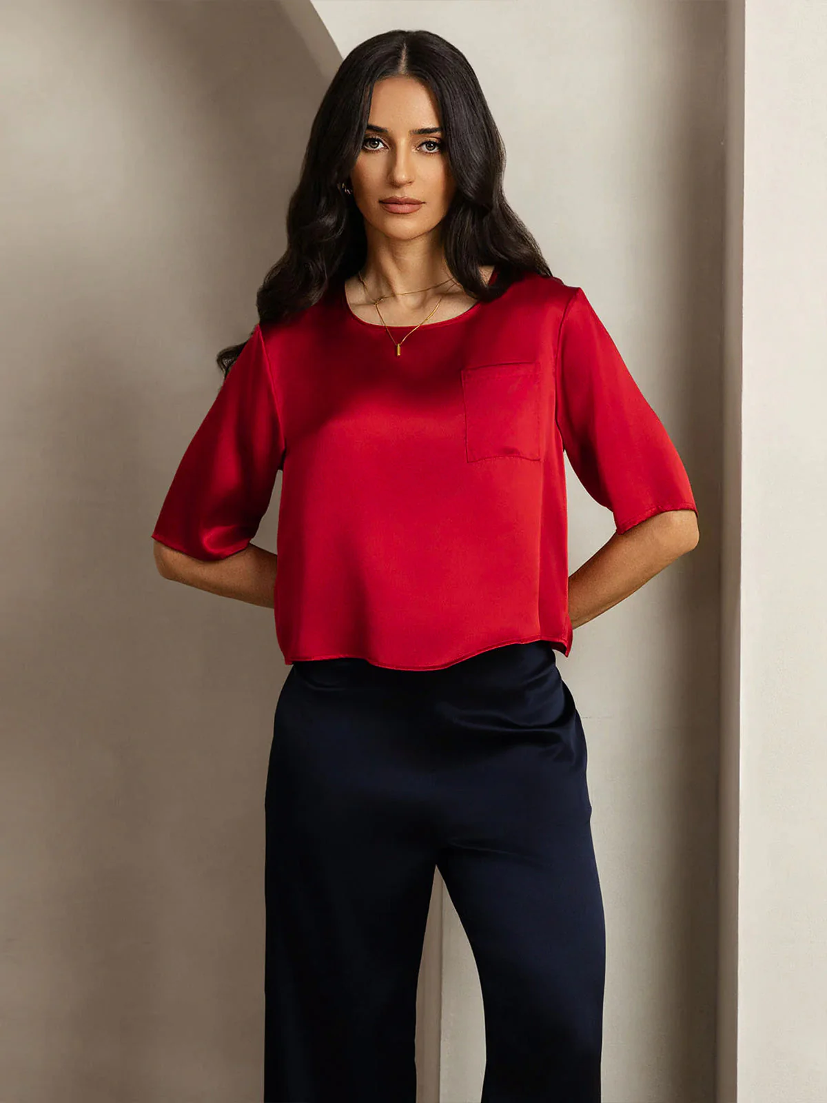 Zuivere Zijde Casual Halve Mouw Dames T-Shirt - Image 34