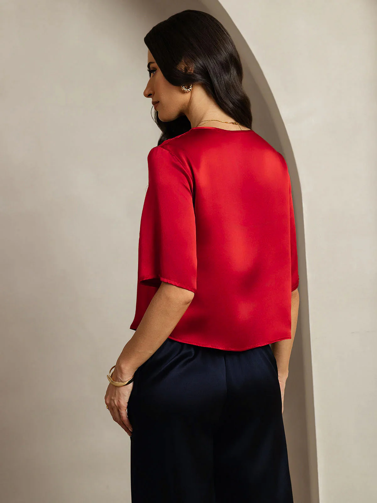 Zuivere Zijde Casual Halve Mouw Dames T-Shirt - Image 35
