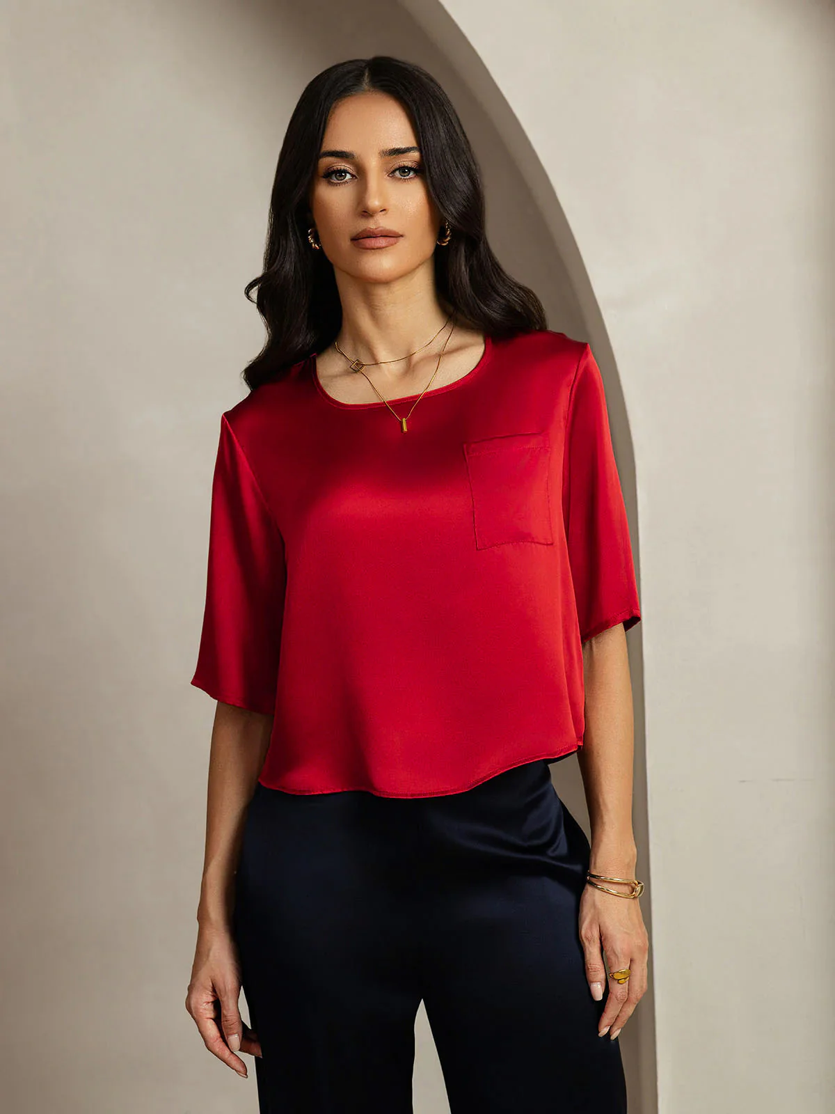 Zuivere Zijde Casual Halve Mouw Dames T-Shirt - Image 36