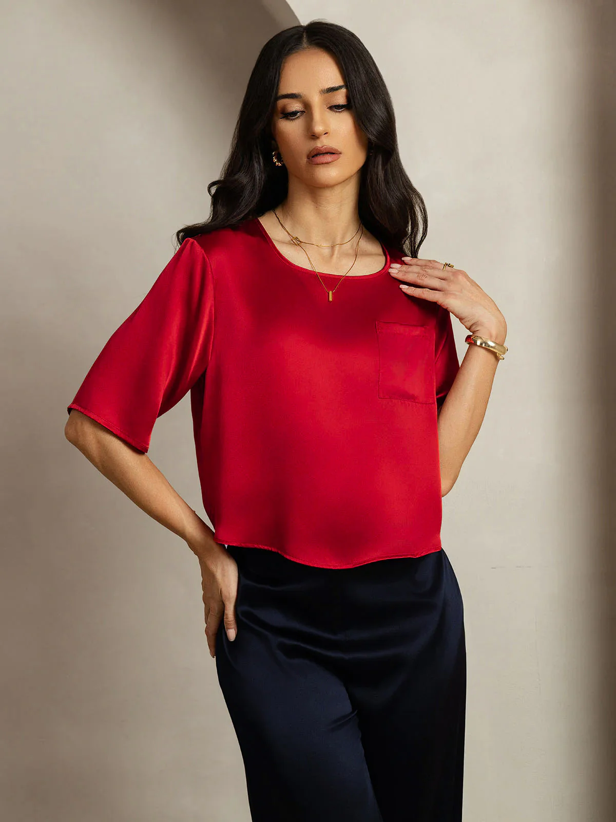 Zuivere Zijde Casual Halve Mouw Dames T-Shirt - Image 38