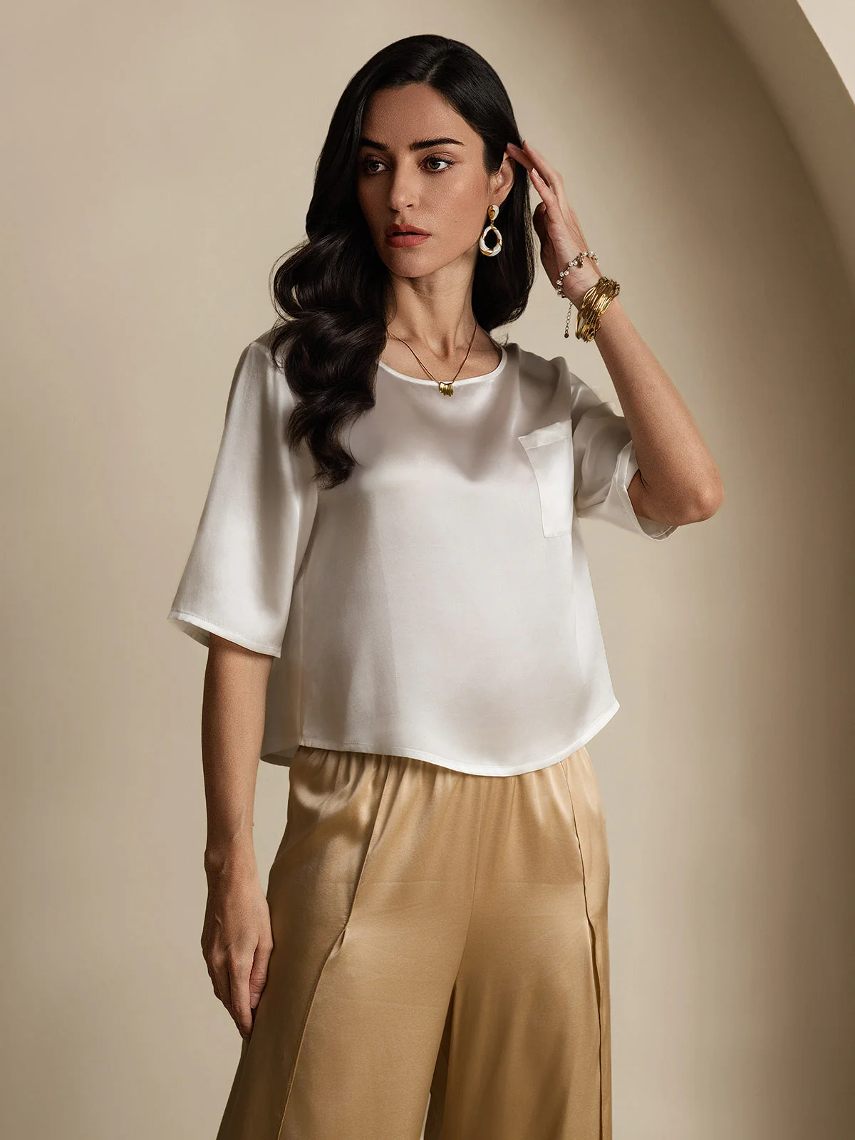 Zuivere Zijde Casual Halve Mouw Dames T-Shirt - Image 4