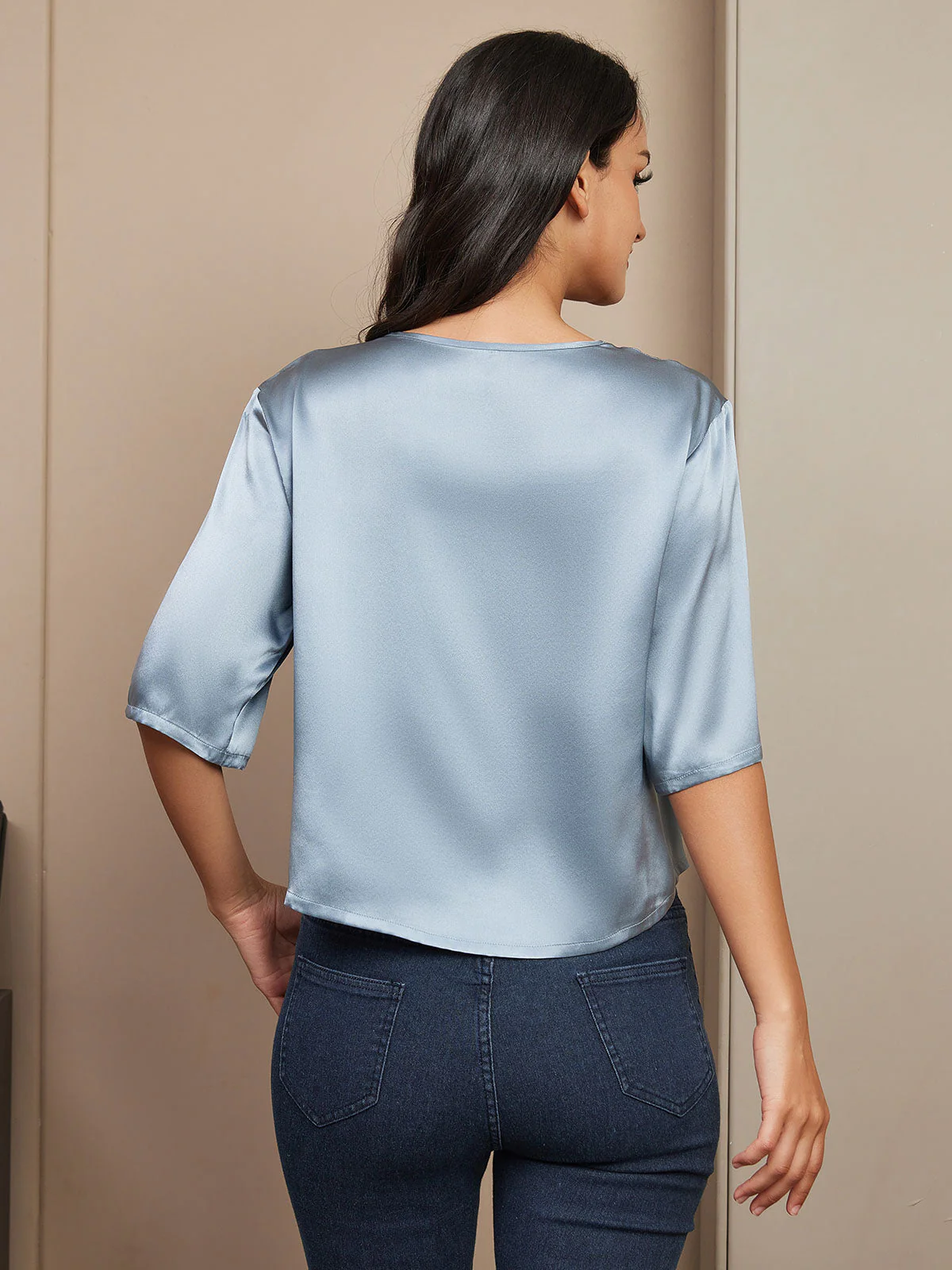 Zuivere Zijde Casual Halve Mouw Dames T-Shirt - Image 49