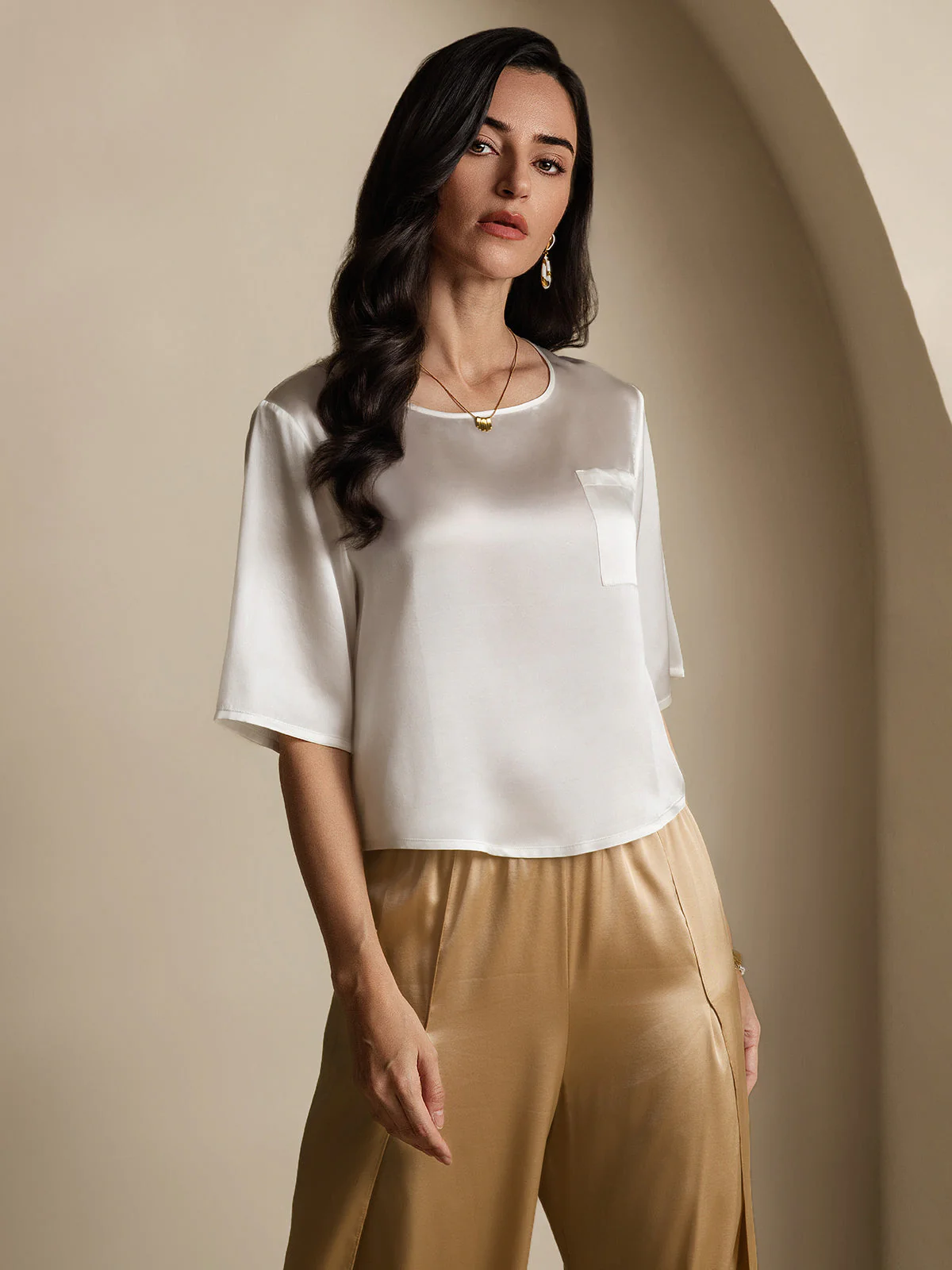 Zuivere Zijde Casual Halve Mouw Dames T-Shirt - Image 5