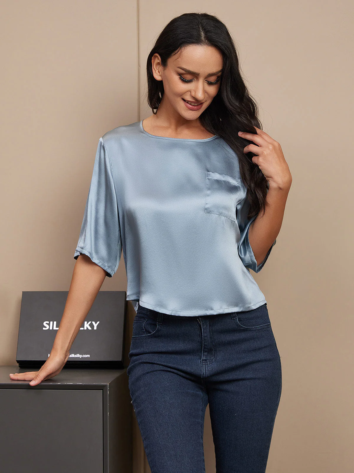 Zuivere Zijde Casual Halve Mouw Dames T-Shirt - Image 51