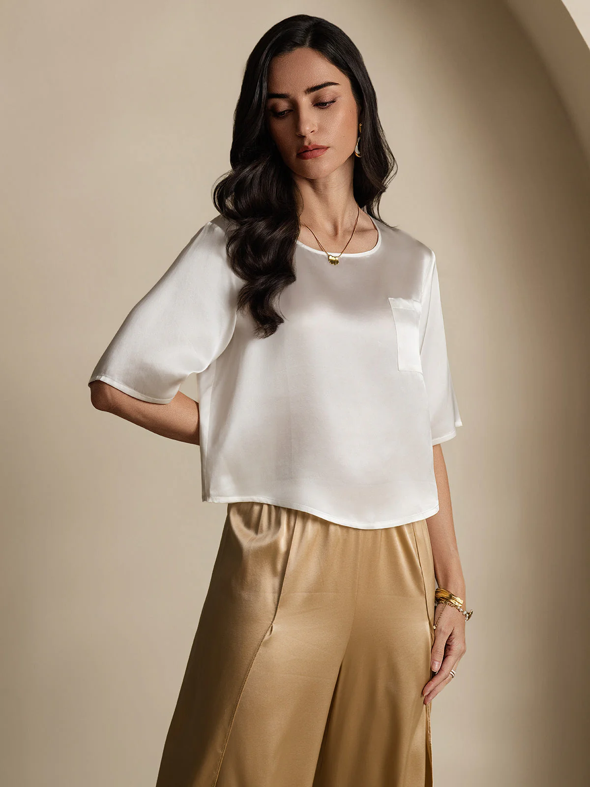 Zuivere Zijde Casual Halve Mouw Dames T-Shirt - Image 6