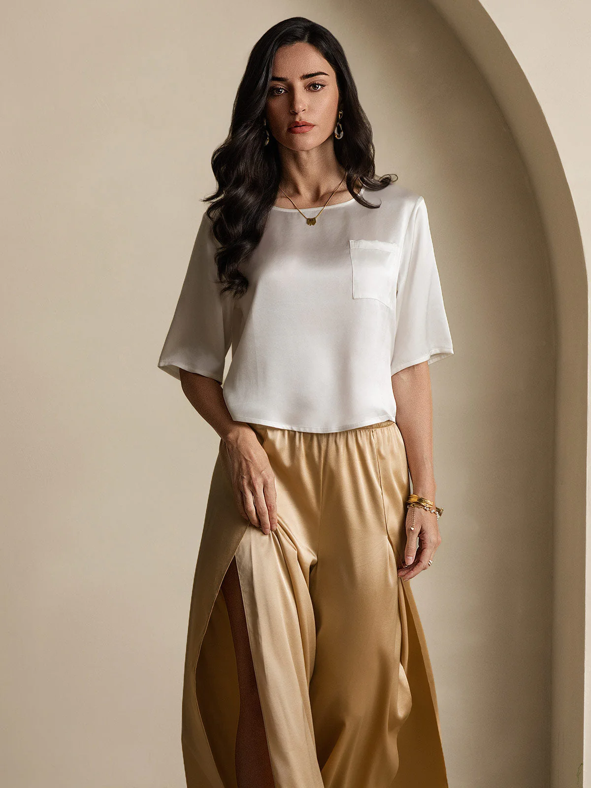 Zuivere Zijde Casual Halve Mouw Dames T-Shirt - Image 7