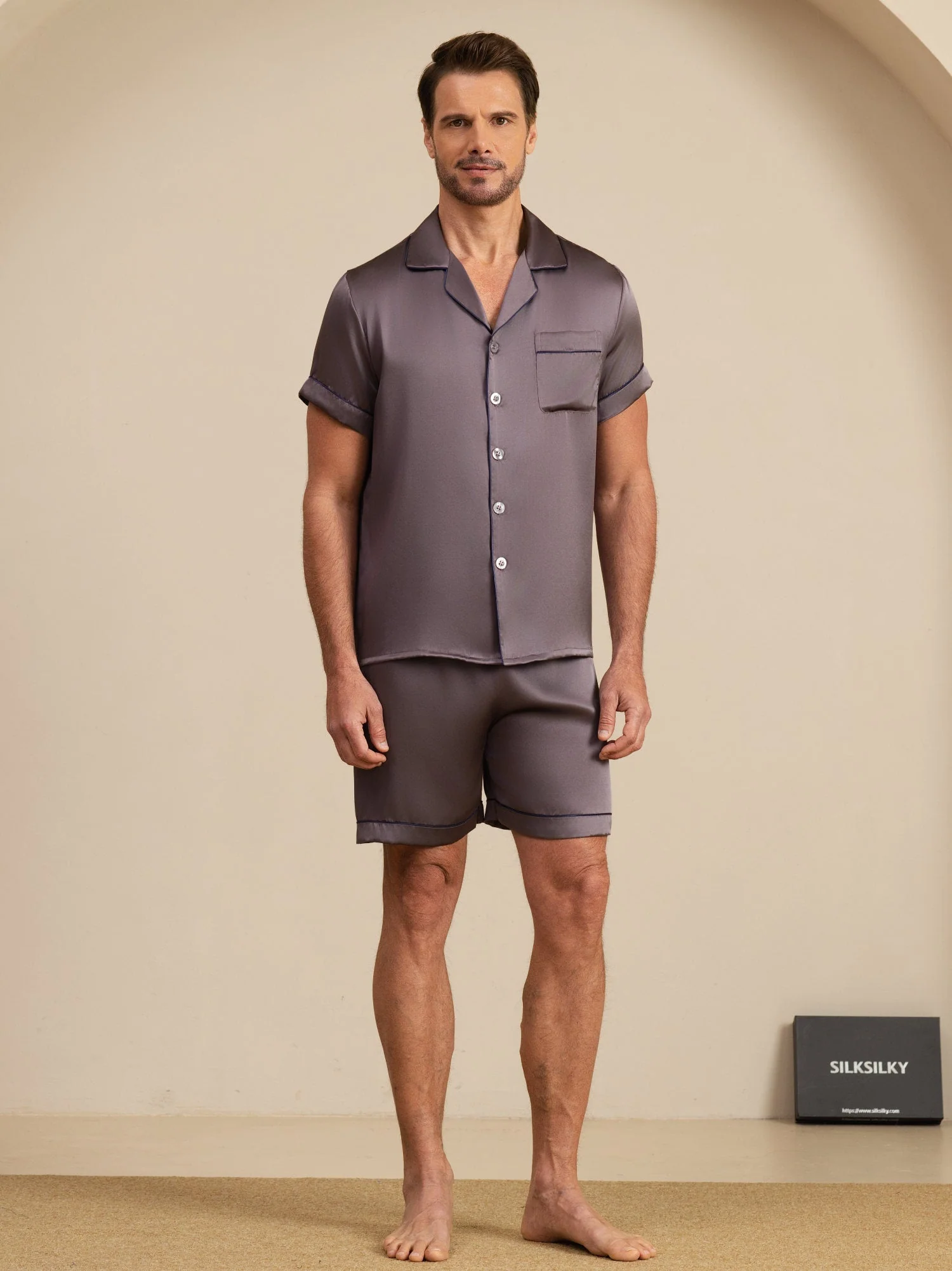 Herenpyjama Set Van Pure Zijde Met Korte Mouwen Reverskraag En Shorts - Image 20
