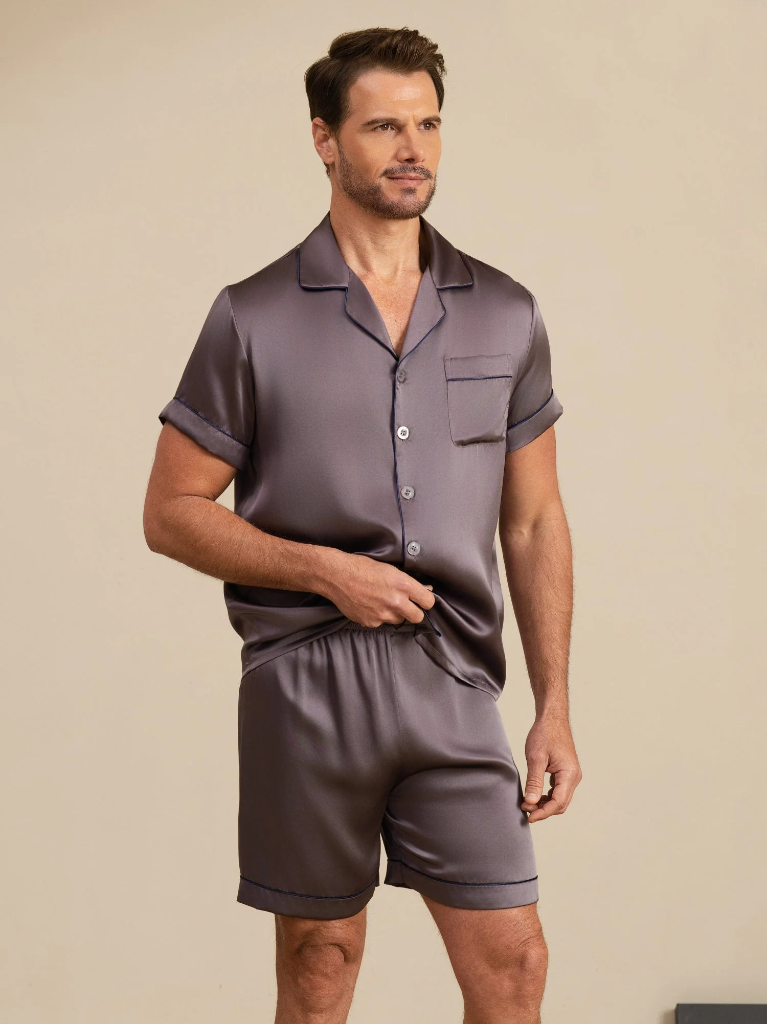 Herenpyjama Set Van Pure Zijde Met Korte Mouwen Reverskraag En Shorts - Image 23