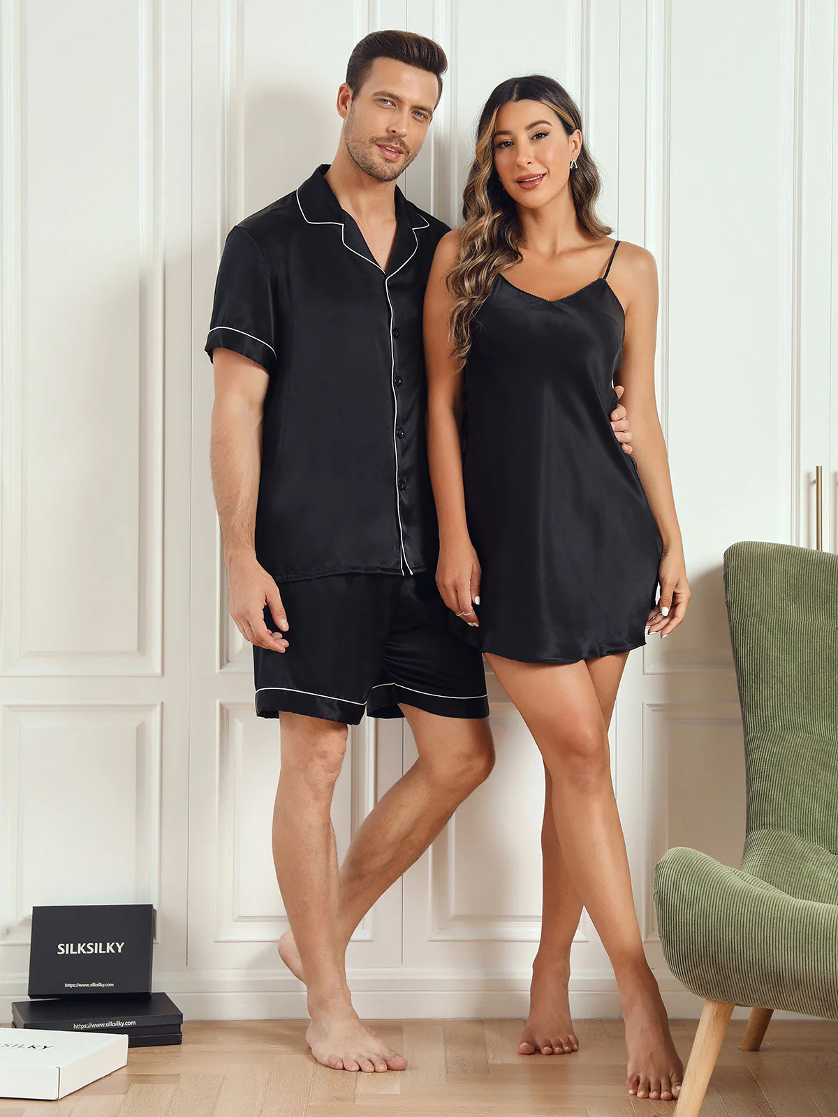 Puur Zijde Koppel Korte Pyjamaset & Slip Nachtjurk - Image 9