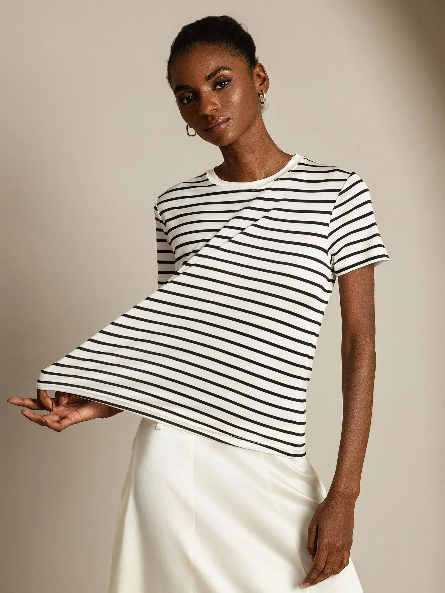 Dames Puur Zijde Rond Hals Korte Mouw Sport Streep T-Shirt