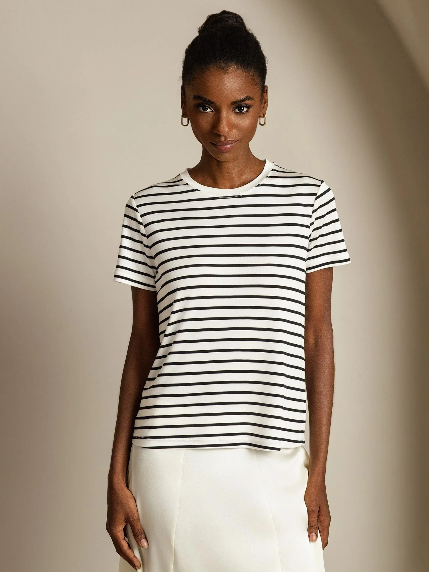 Dames Puur Zijde Rond Hals Korte Mouw Sport Streep T-Shirt - Image 3