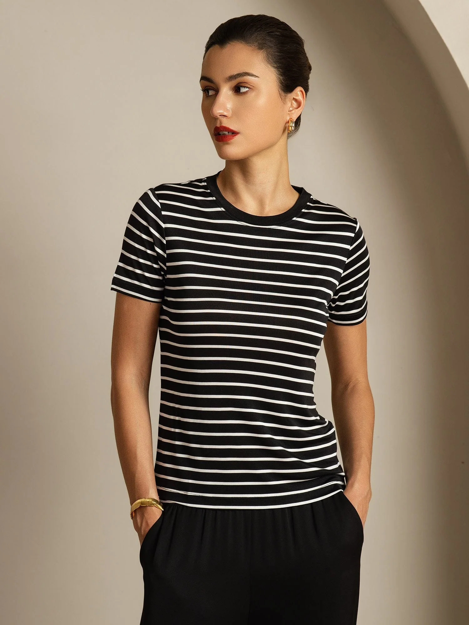 Dames Puur Zijde Rond Hals Korte Mouw Sport Streep T-Shirt - Image 9