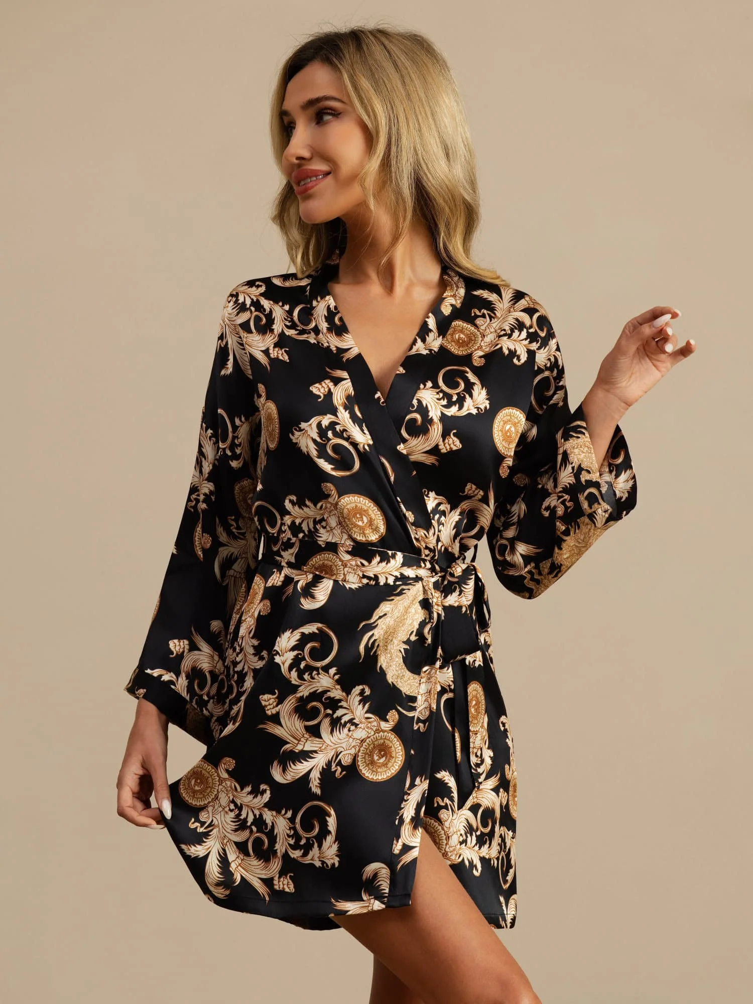 Dames Puur Zijde Drakenprint 3/4 Mouwen Kimono Badjas Met Riem - Image 3
