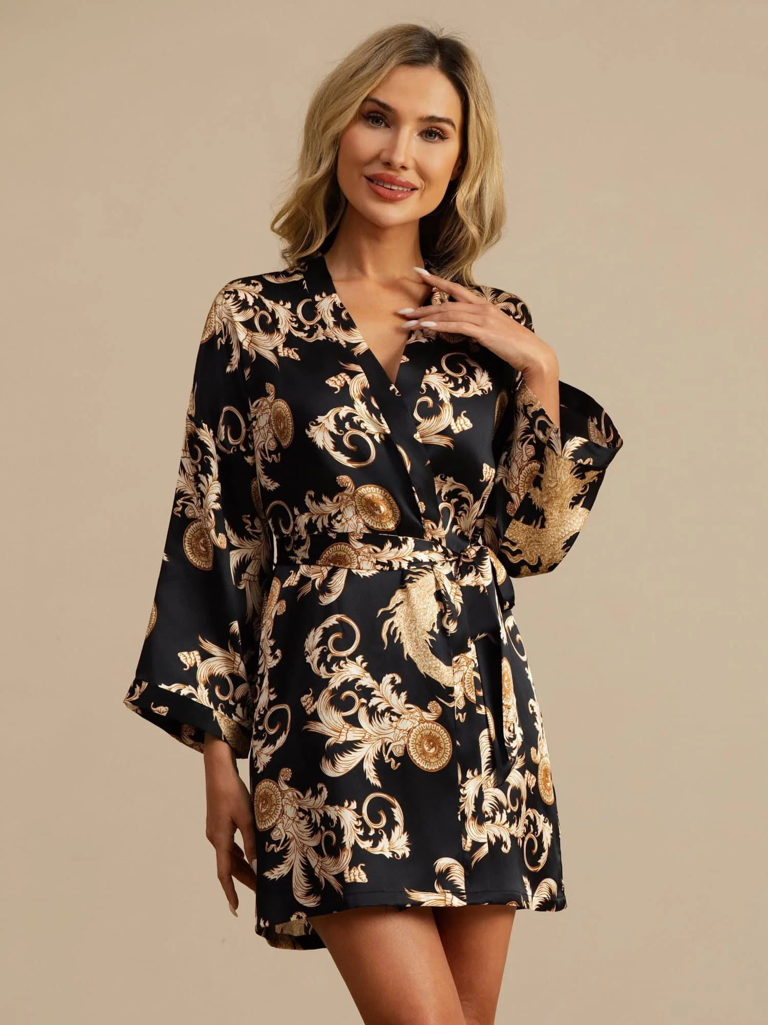 Dames Puur Zijde Drakenprint 3/4 Mouwen Kimono Badjas Met Riem - Image 4