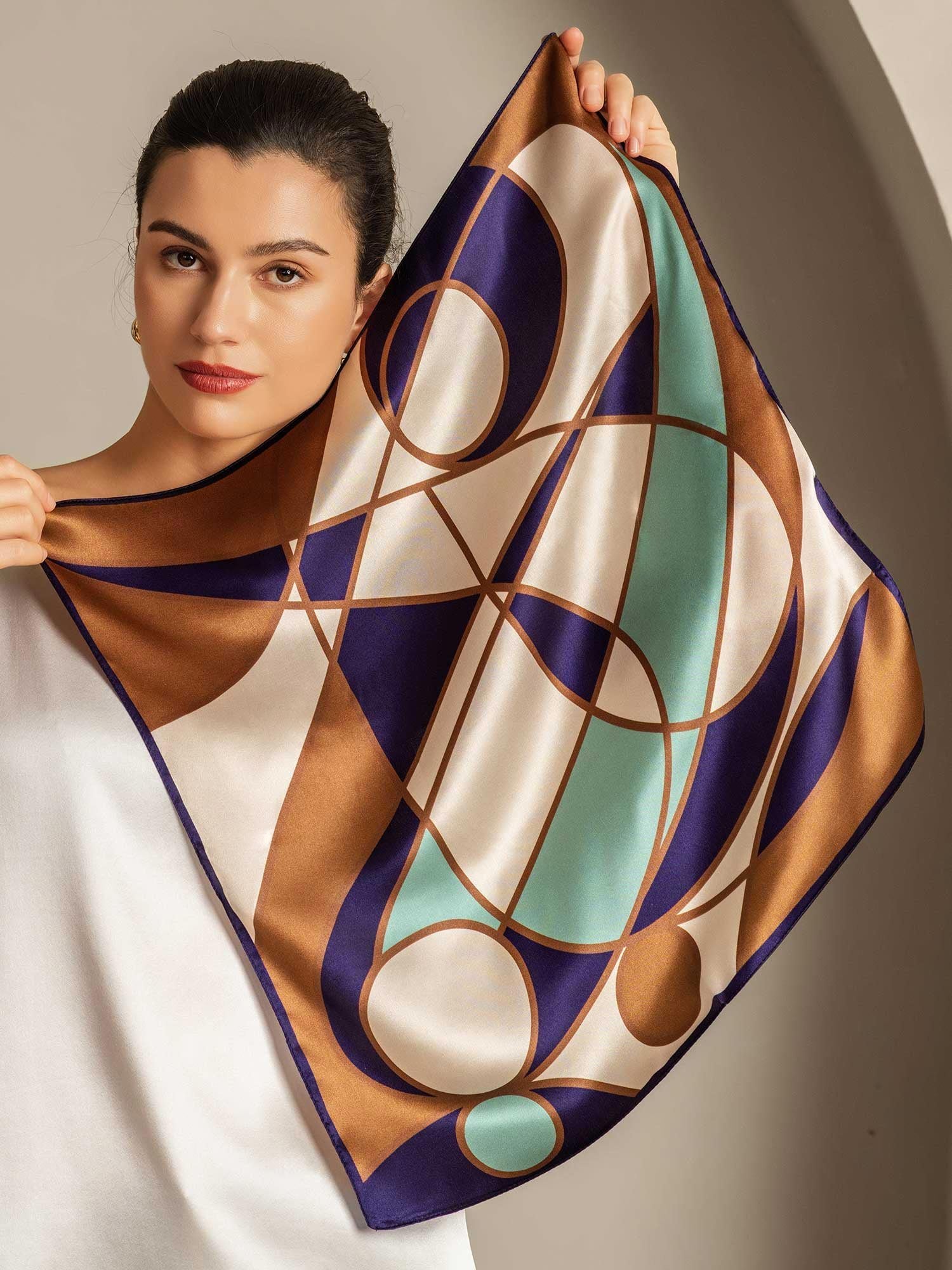 Pure Zijde Geometrisch Patroon Vierkante Sjaal - Maat 53x53cm - Image 2