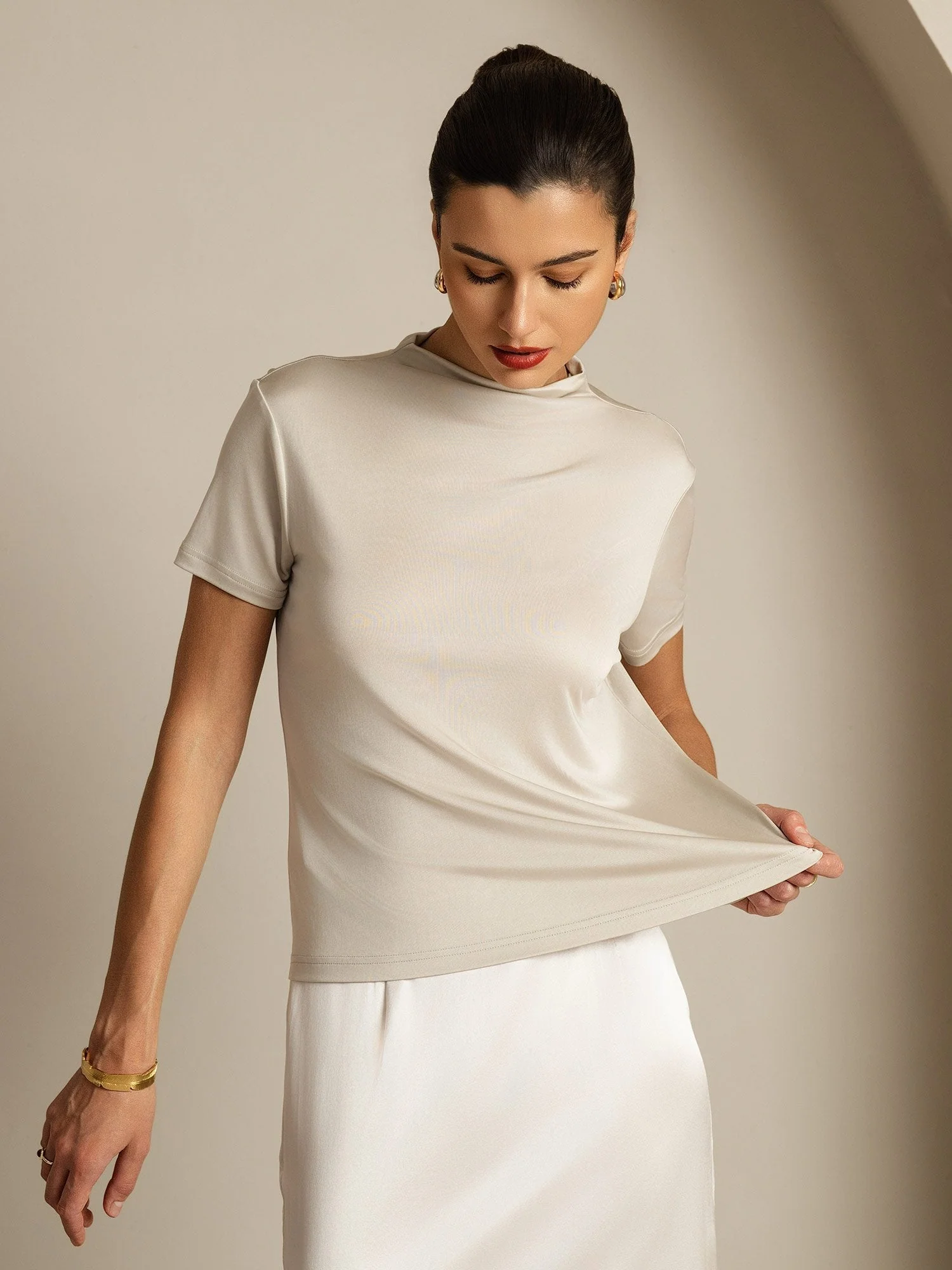 Dames T-Shirt Van Pure Zijde Met Korte Mouwen En Mockkraag - Image 43