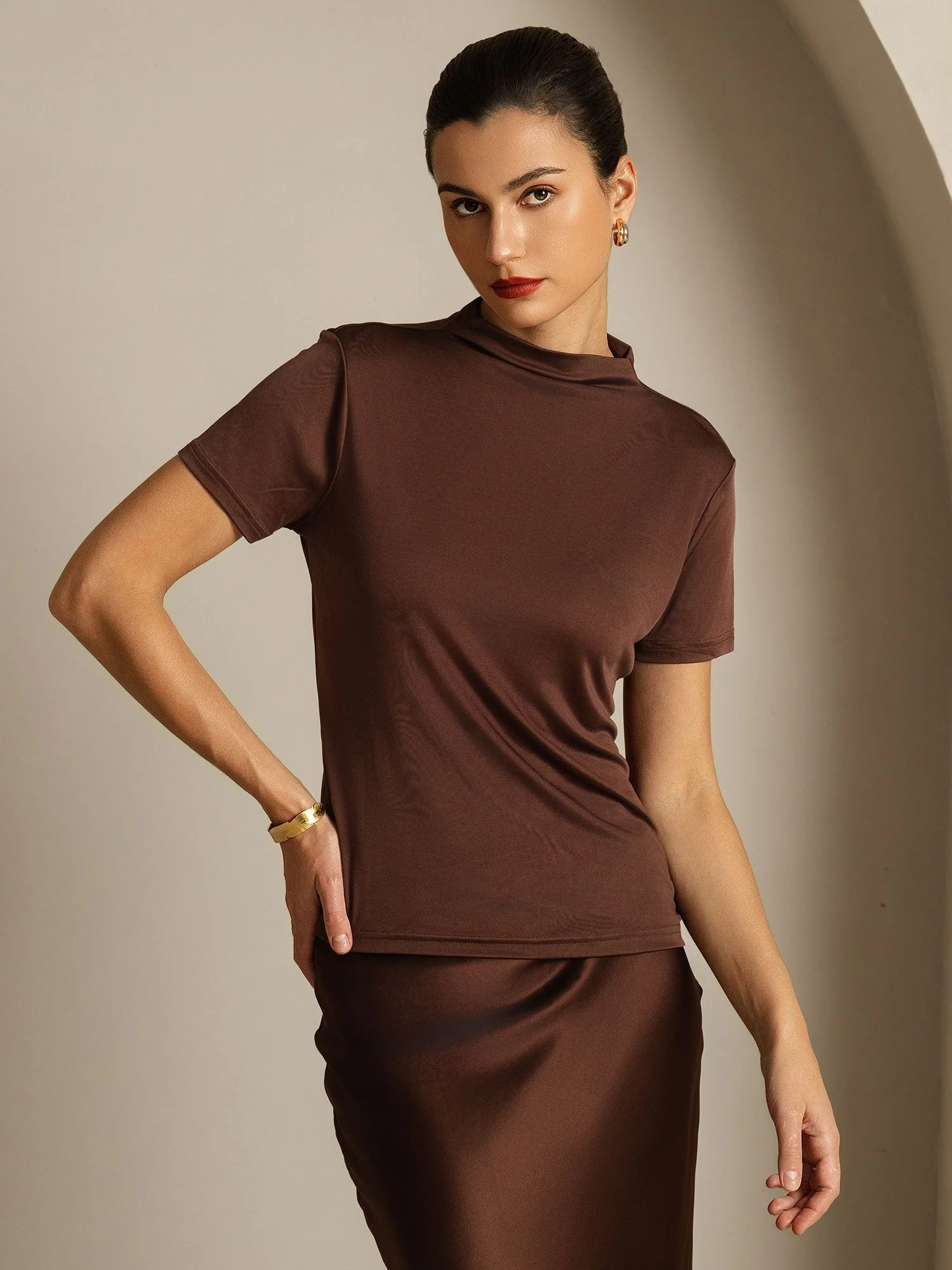 Dames T-Shirt Van Pure Zijde Met Korte Mouwen En Mockkraag - Image 9