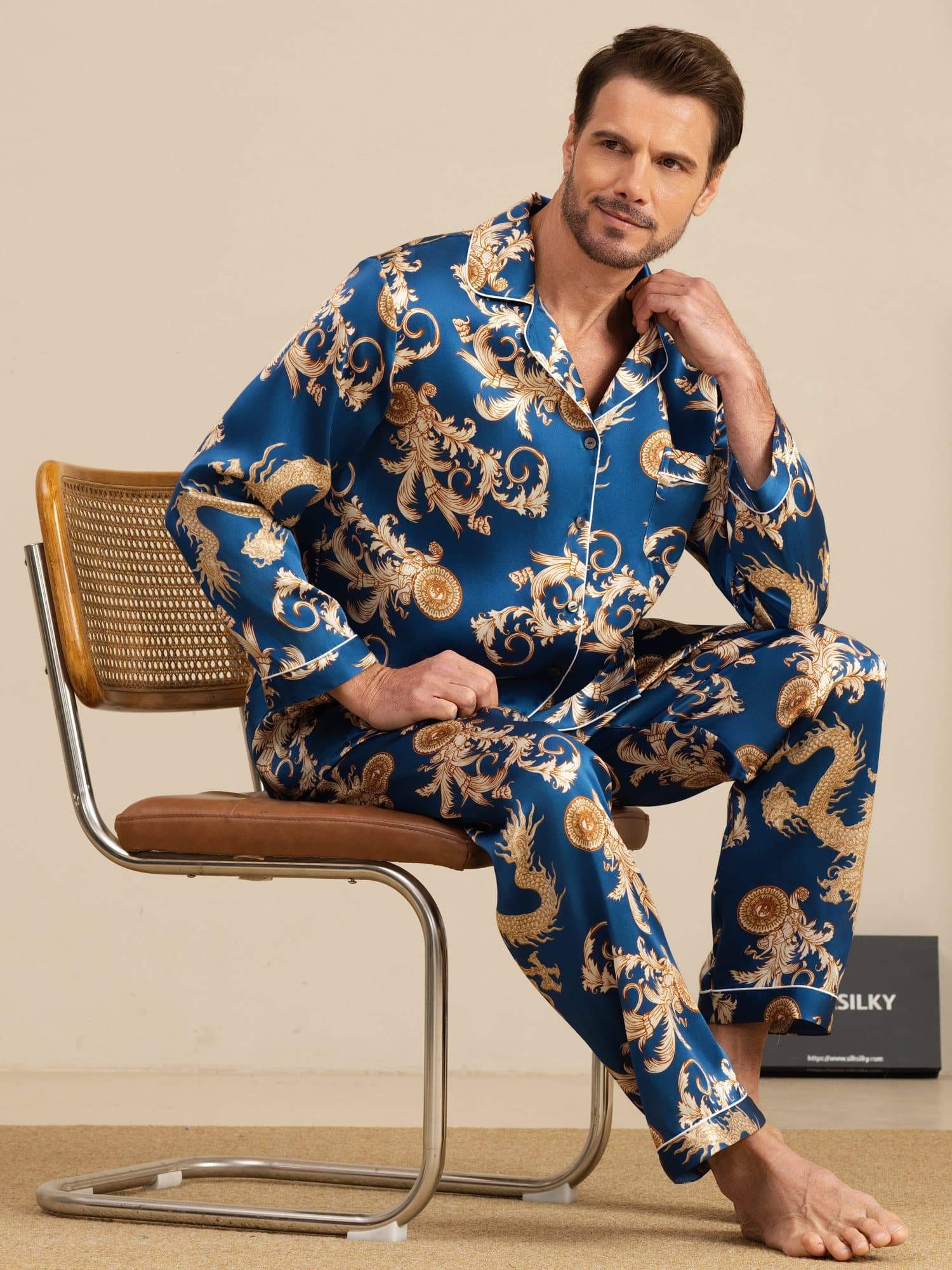 Pure Zijde Heren Draak Print Lange Mouwen Notch Kraag Pyjama Set