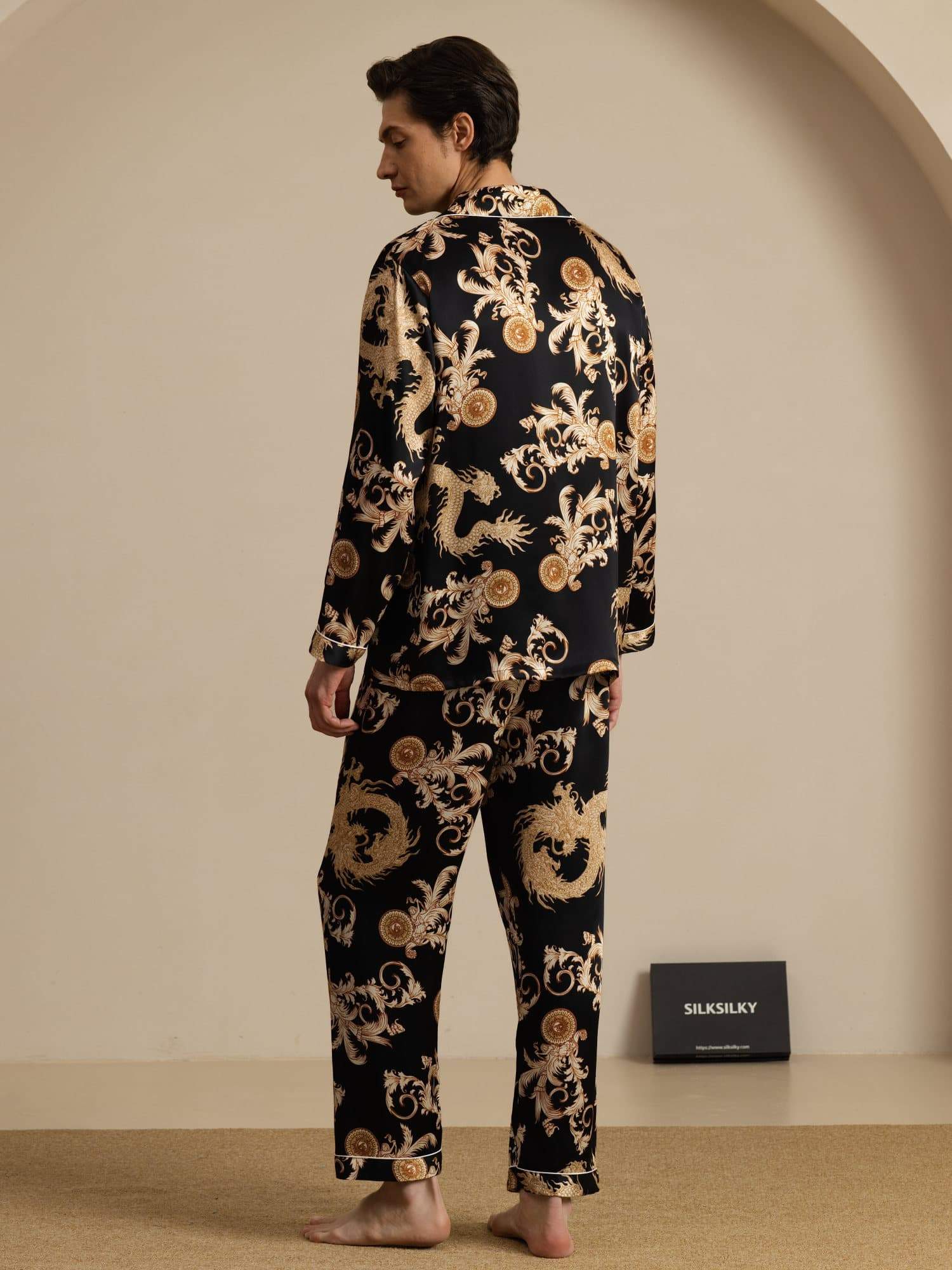 Pure Zijde Heren Draak Print Lange Mouwen Notch Kraag Pyjama Set - Image 10