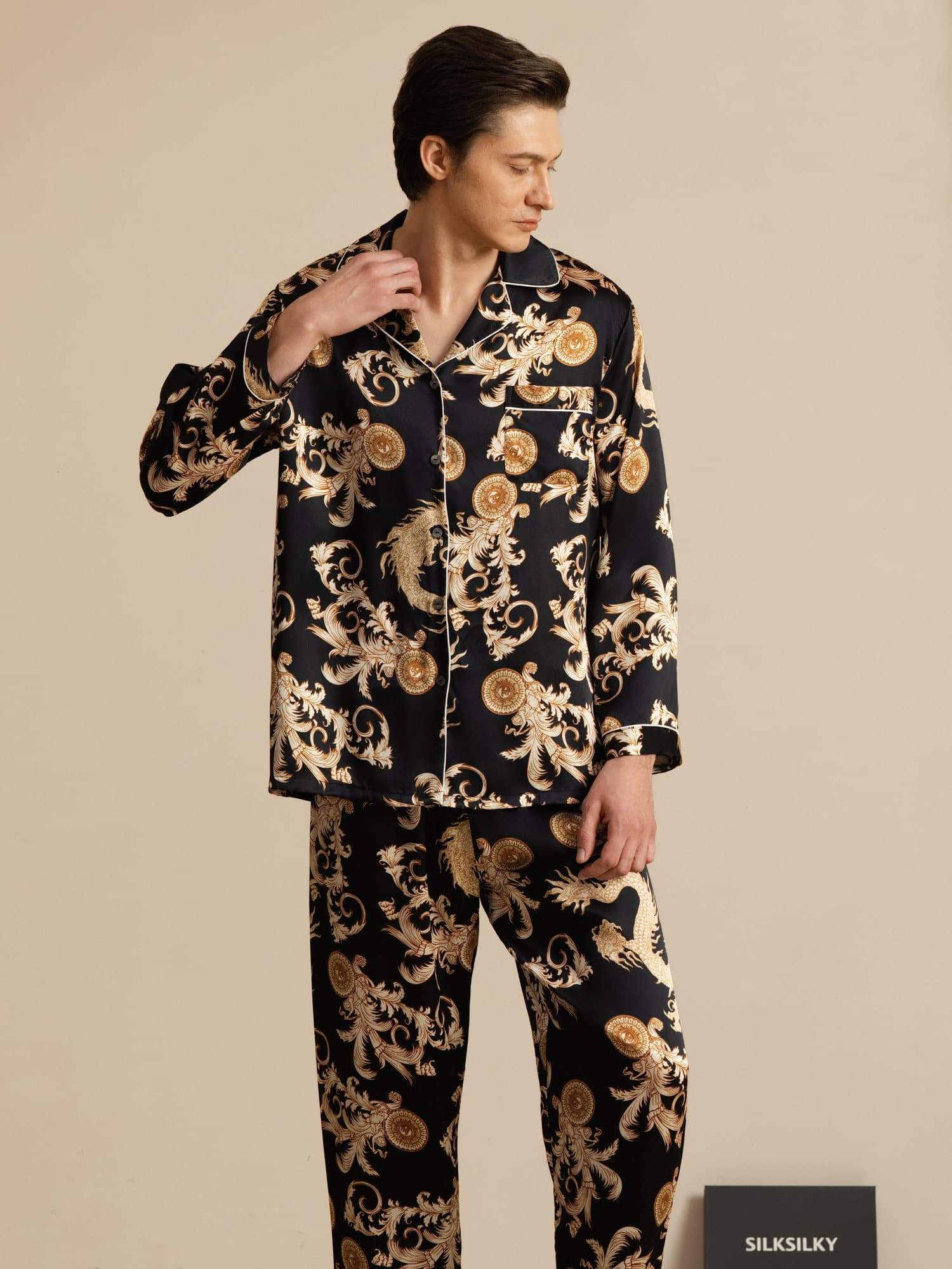 Pure Zijde Heren Draak Print Lange Mouwen Notch Kraag Pyjama Set - Image 11