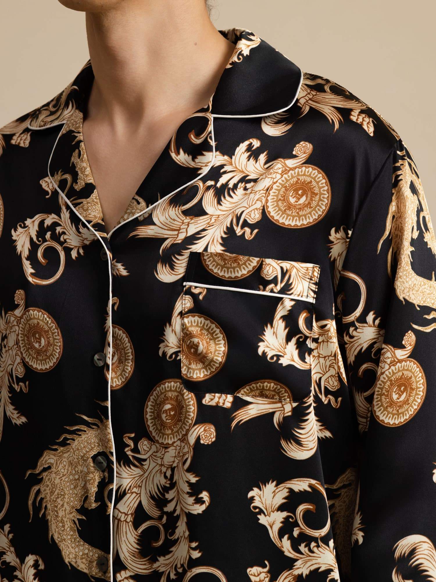 Pure Zijde Heren Draak Print Lange Mouwen Notch Kraag Pyjama Set - Image 12