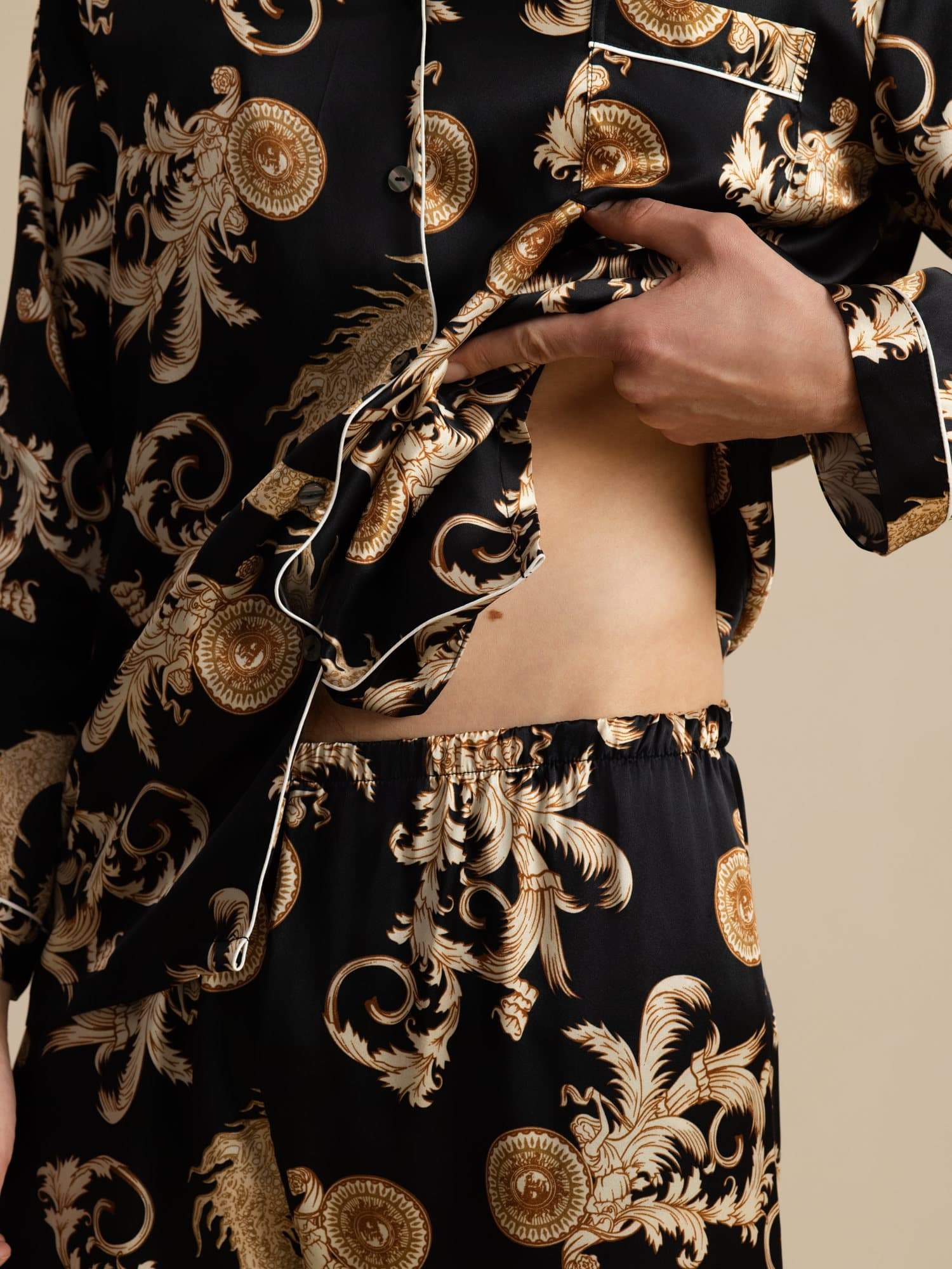 Pure Zijde Heren Draak Print Lange Mouwen Notch Kraag Pyjama Set - Image 13