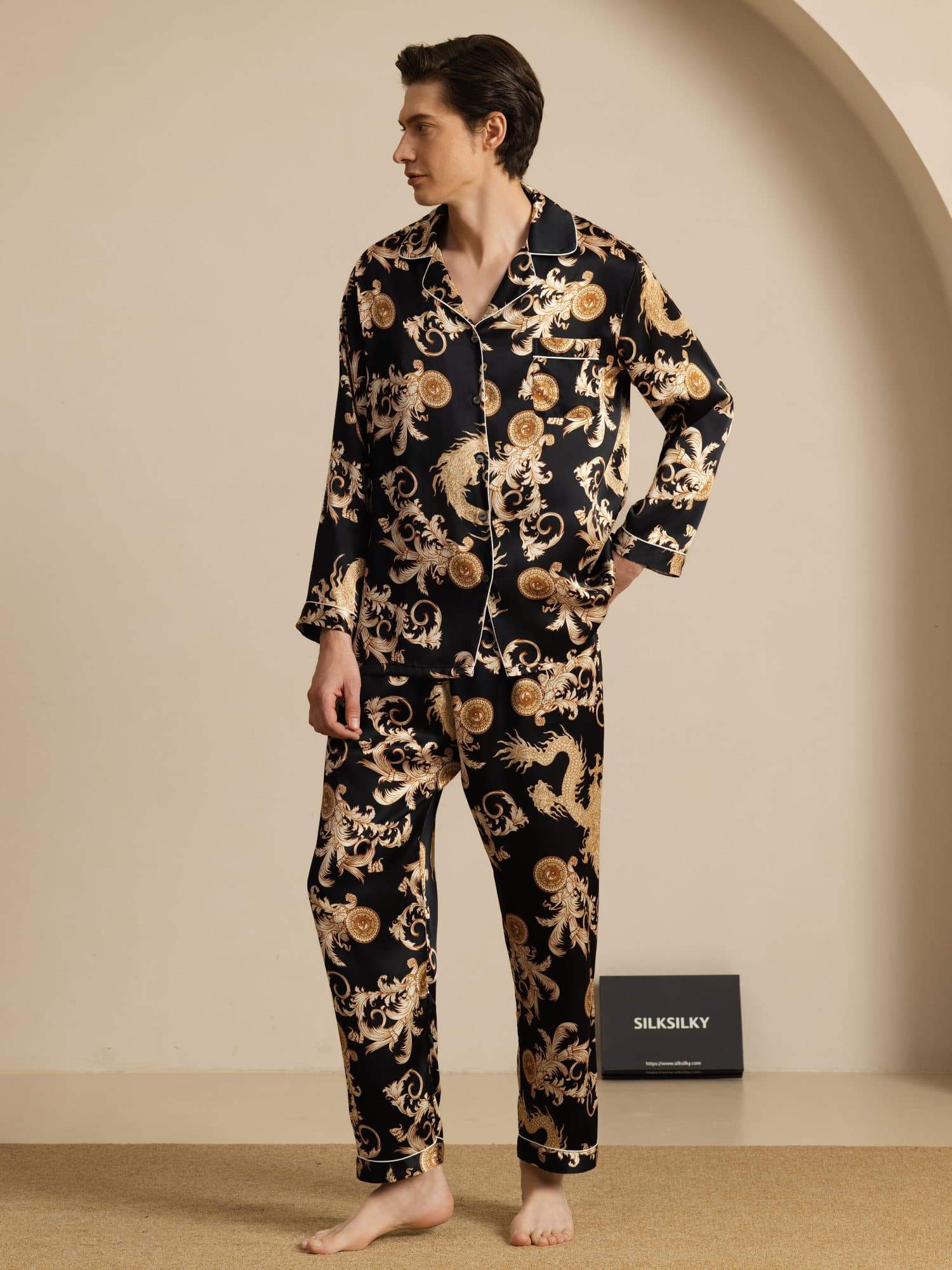 Pure Zijde Heren Draak Print Lange Mouwen Notch Kraag Pyjama Set - Image 14