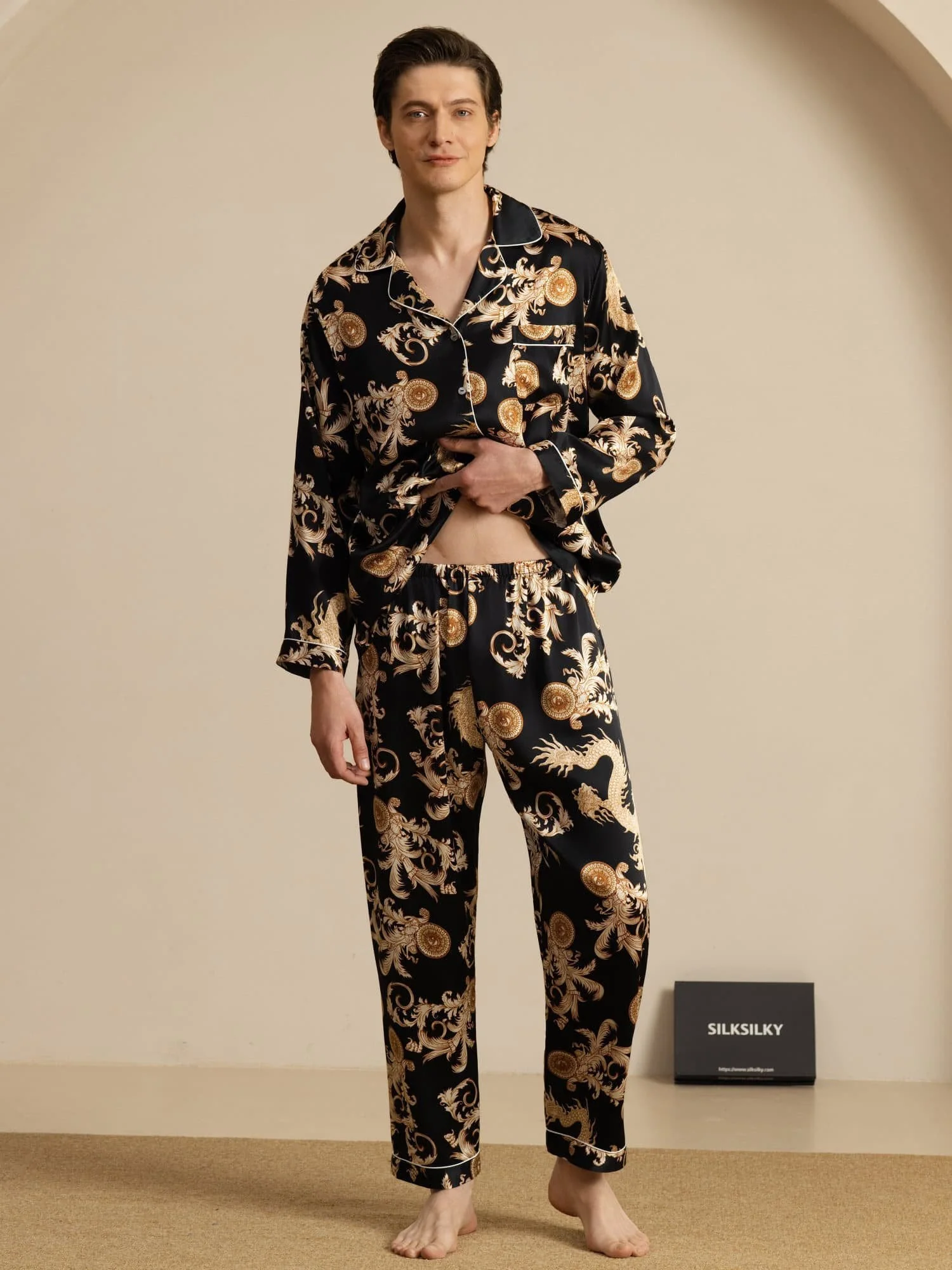 Pure Zijde Heren Draak Print Lange Mouwen Notch Kraag Pyjama Set - Image 15