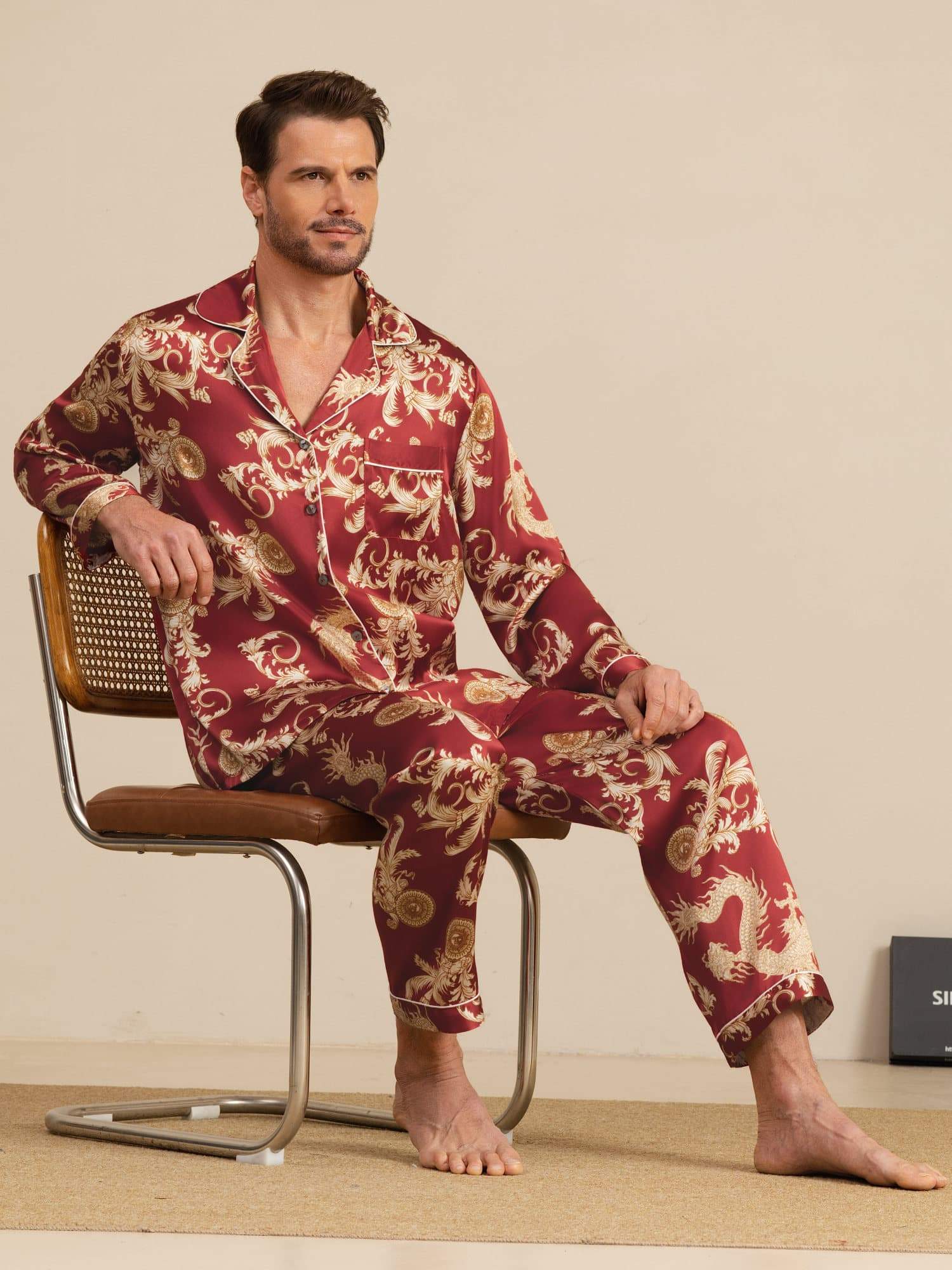 Pure Zijde Heren Draak Print Lange Mouwen Notch Kraag Pyjama Set - Image 16