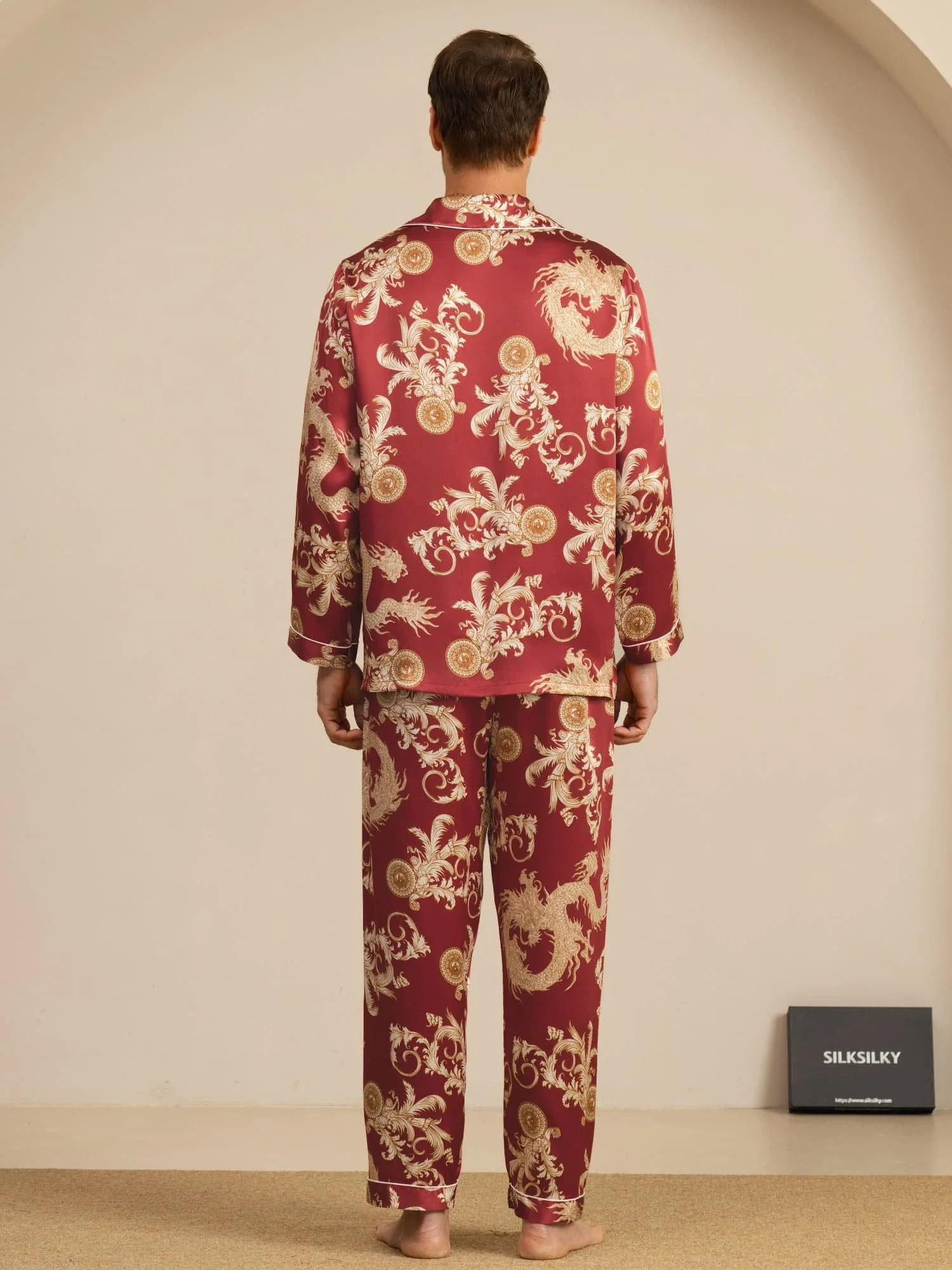Pure Zijde Heren Draak Print Lange Mouwen Notch Kraag Pyjama Set - Image 17
