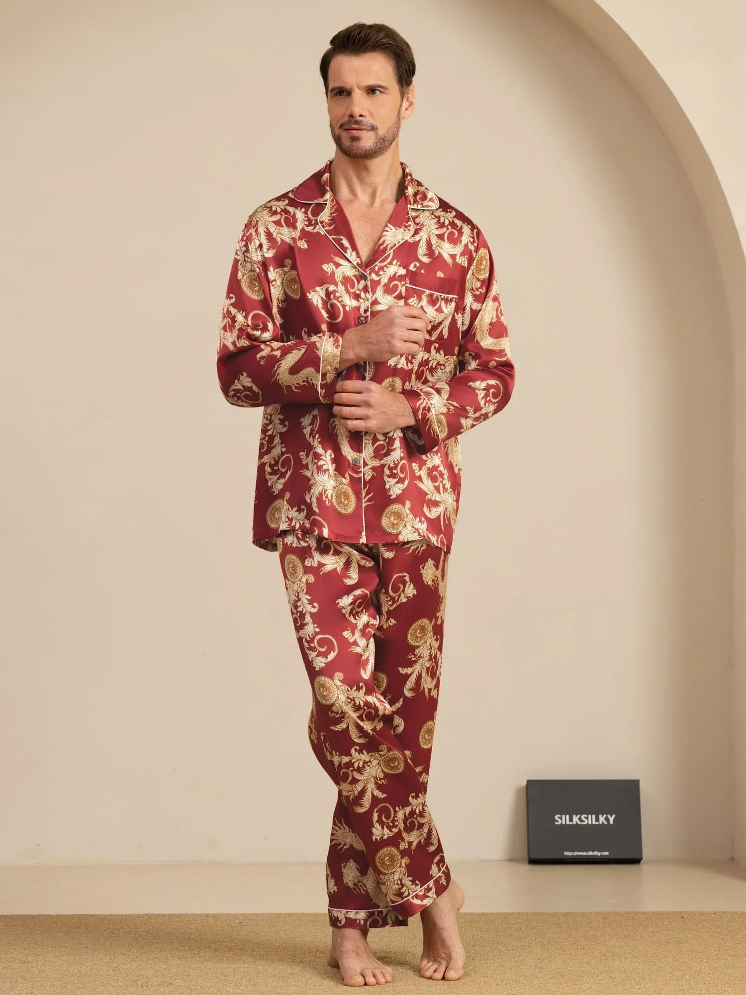 Pure Zijde Heren Draak Print Lange Mouwen Notch Kraag Pyjama Set - Image 18