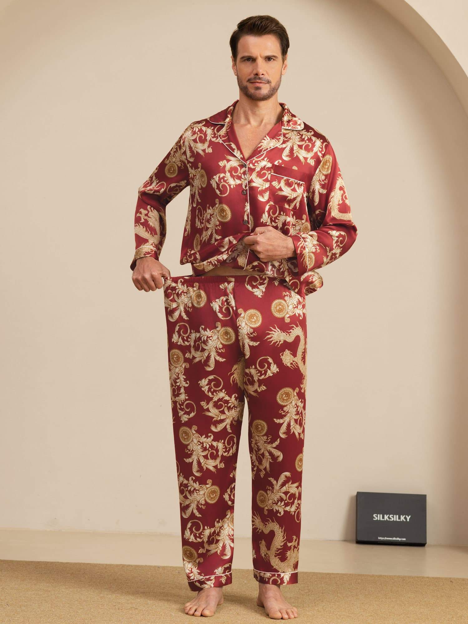 Pure Zijde Heren Draak Print Lange Mouwen Notch Kraag Pyjama Set - Image 19