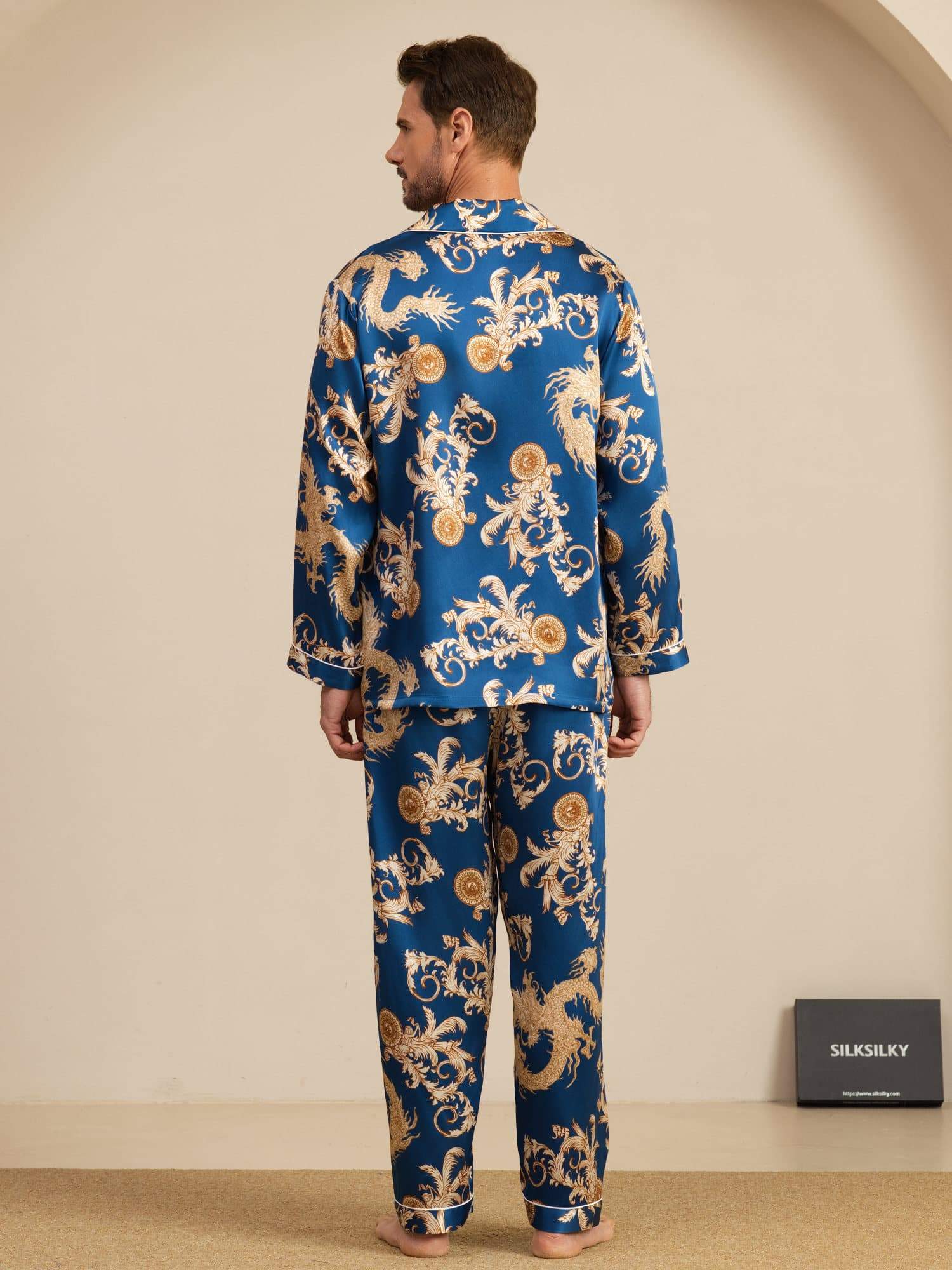 Pure Zijde Heren Draak Print Lange Mouwen Notch Kraag Pyjama Set - Image 2