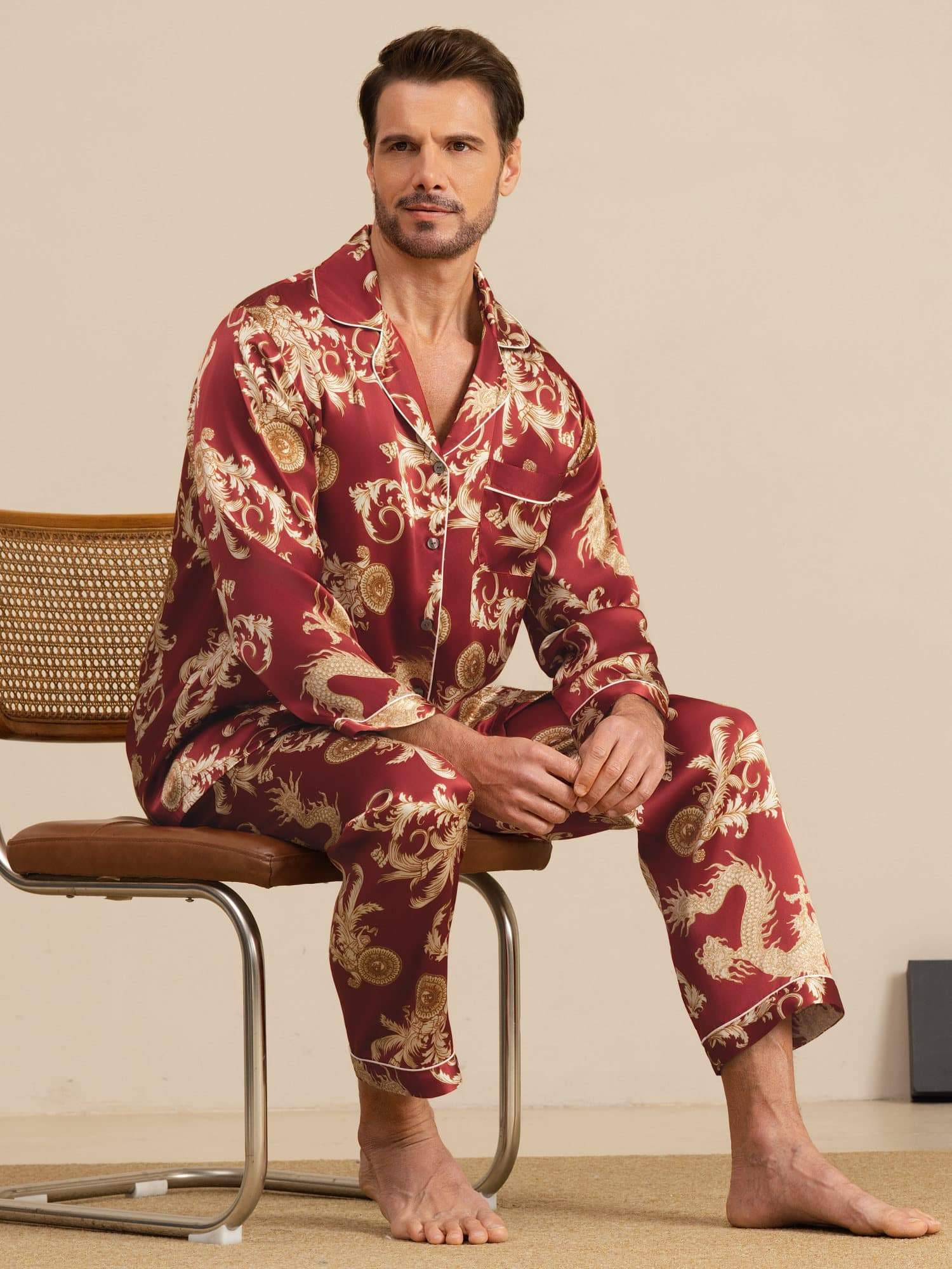 Pure Zijde Heren Draak Print Lange Mouwen Notch Kraag Pyjama Set - Image 20