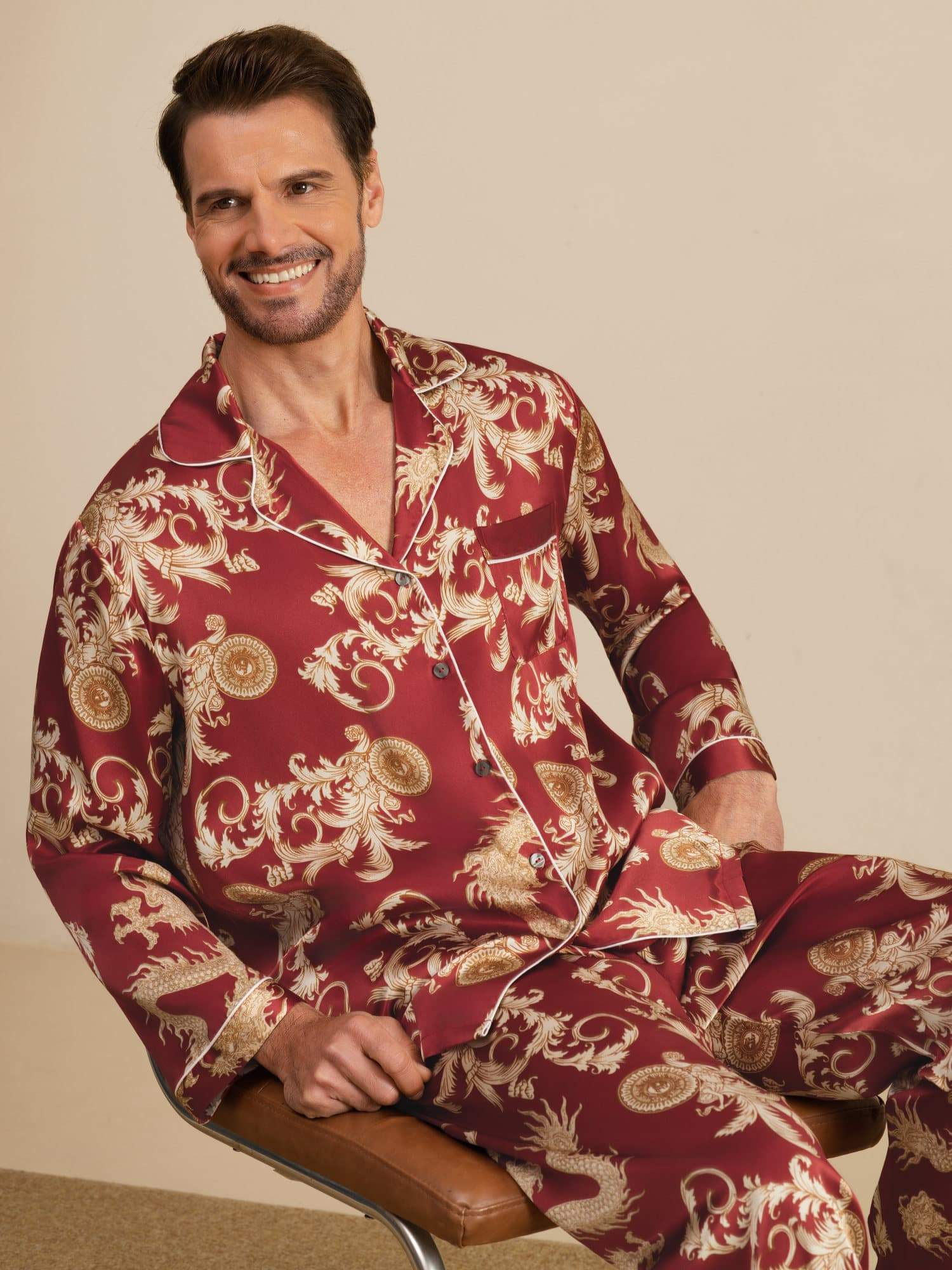 Pure Zijde Heren Draak Print Lange Mouwen Notch Kraag Pyjama Set - Image 22