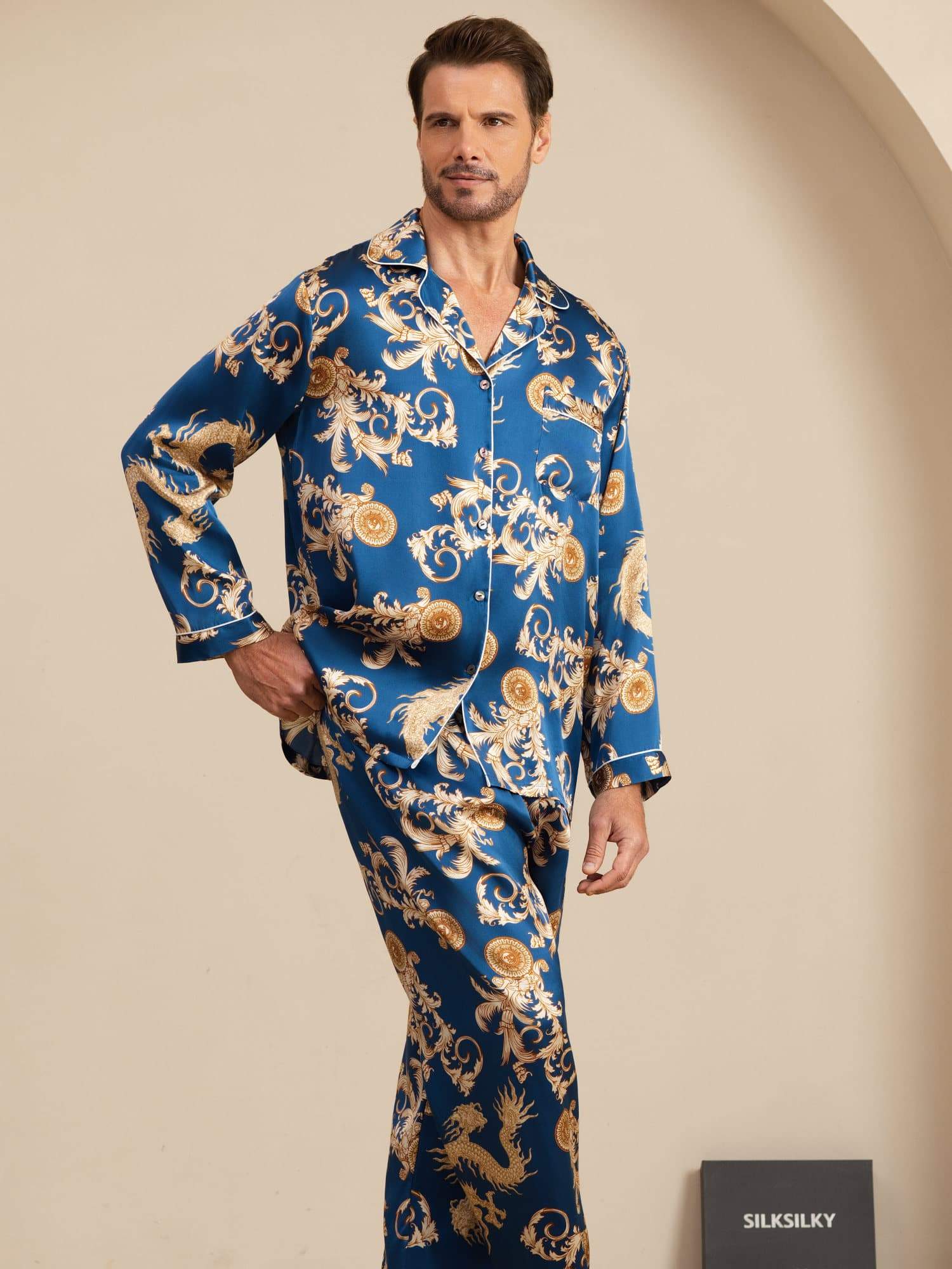 Pure Zijde Heren Draak Print Lange Mouwen Notch Kraag Pyjama Set - Image 3