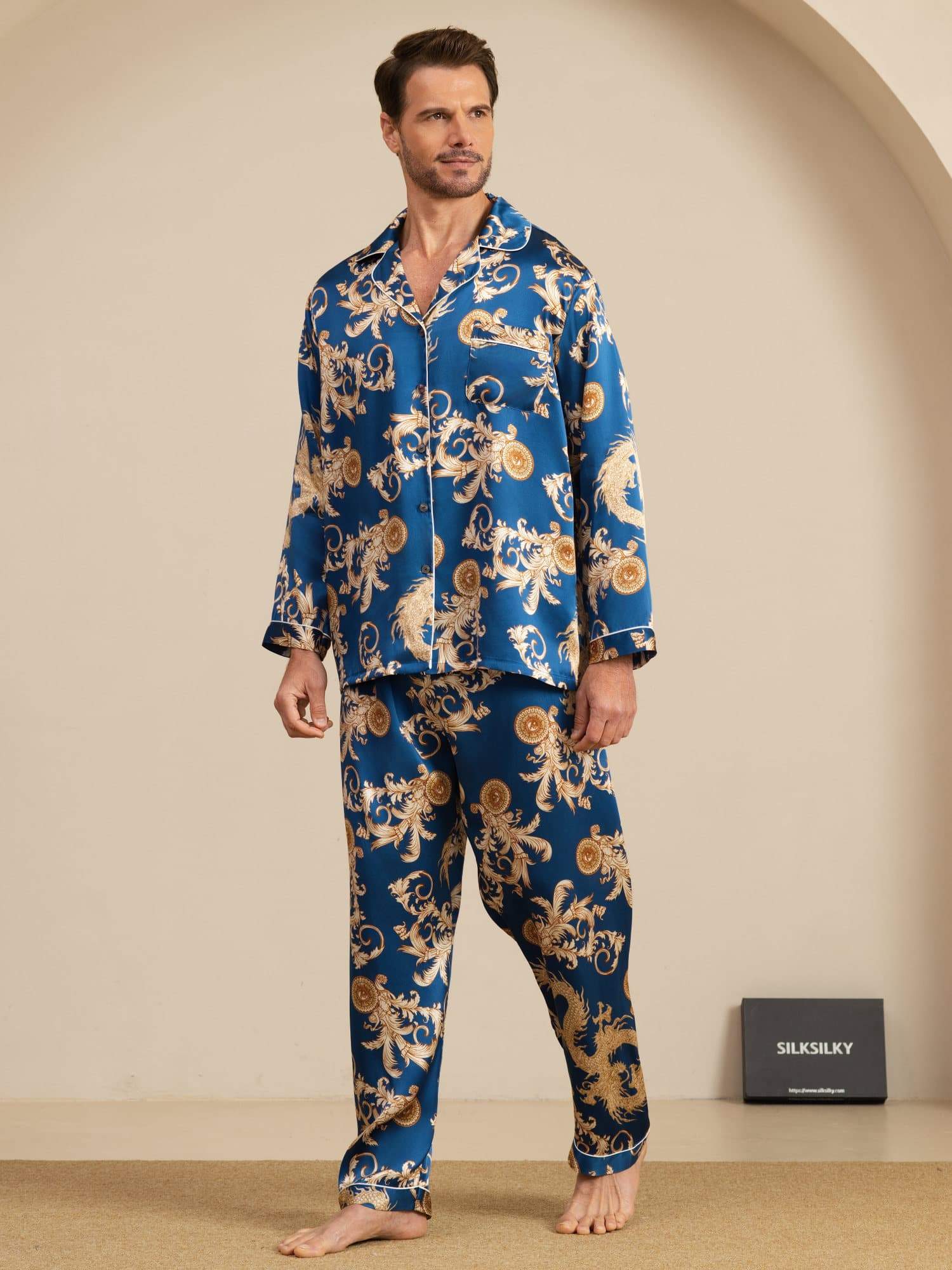Pure Zijde Heren Draak Print Lange Mouwen Notch Kraag Pyjama Set - Image 4