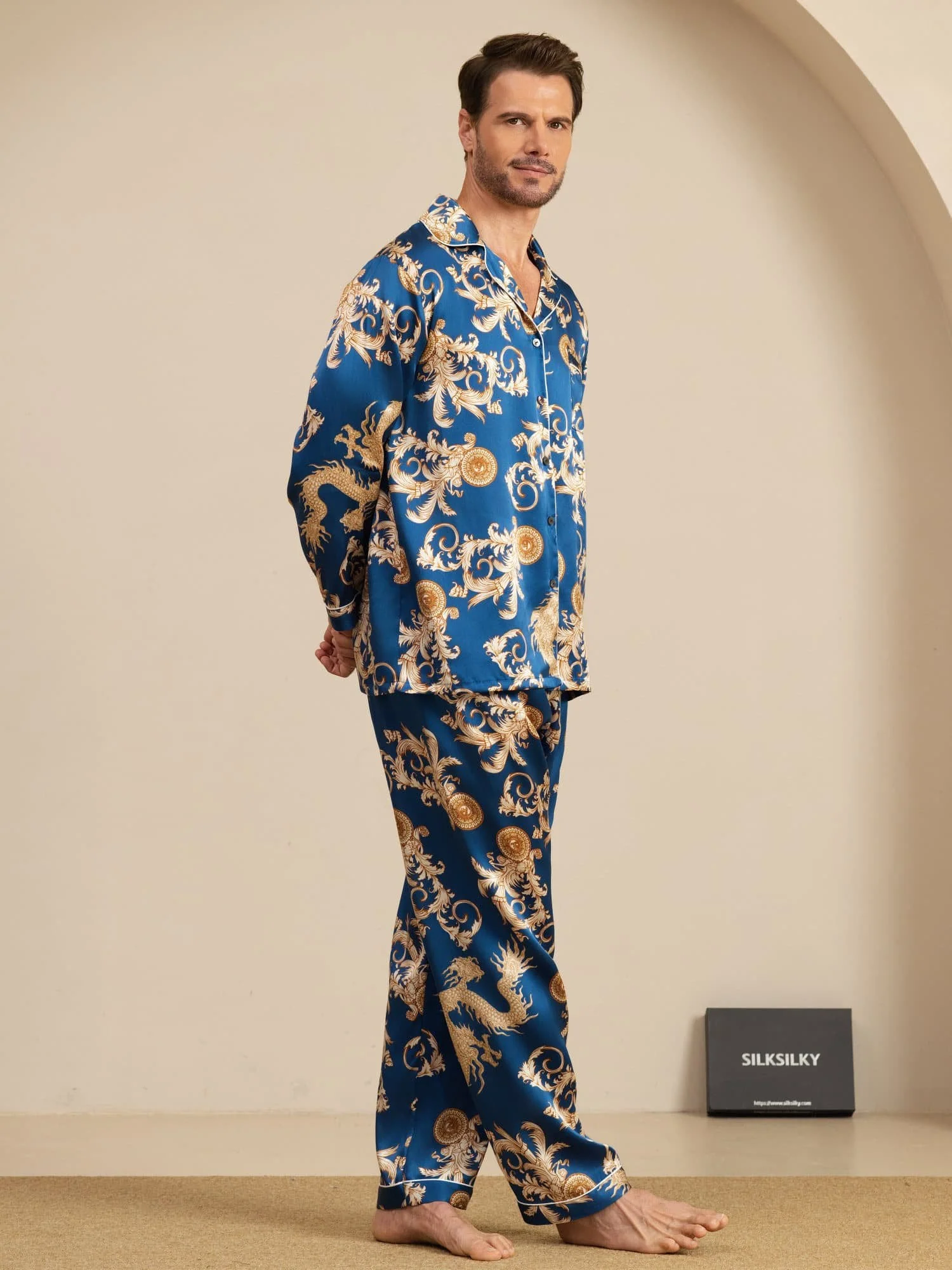 Pure Zijde Heren Draak Print Lange Mouwen Notch Kraag Pyjama Set - Image 5