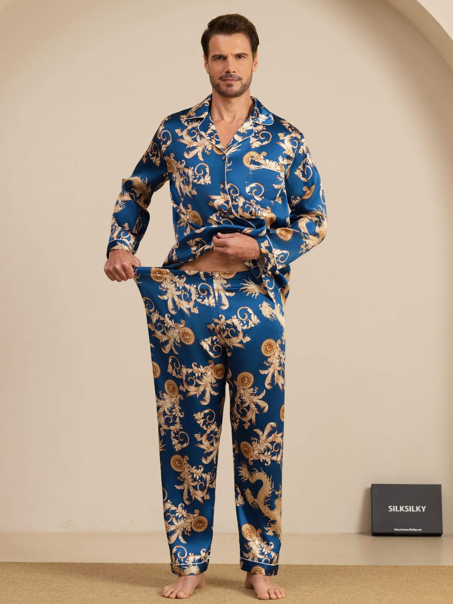 Pure Zijde Heren Draak Print Lange Mouwen Notch Kraag Pyjama Set - Image 6