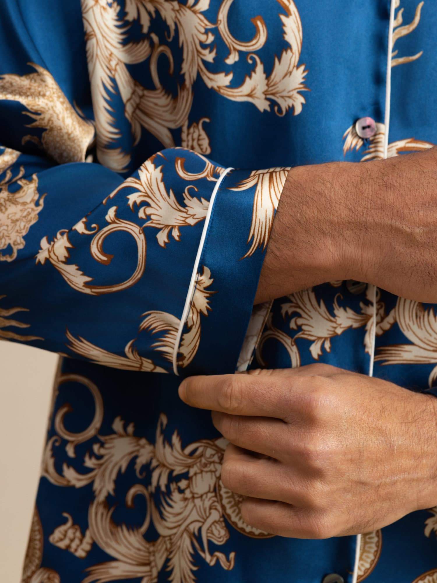 Pure Zijde Heren Draak Print Lange Mouwen Notch Kraag Pyjama Set - Image 7
