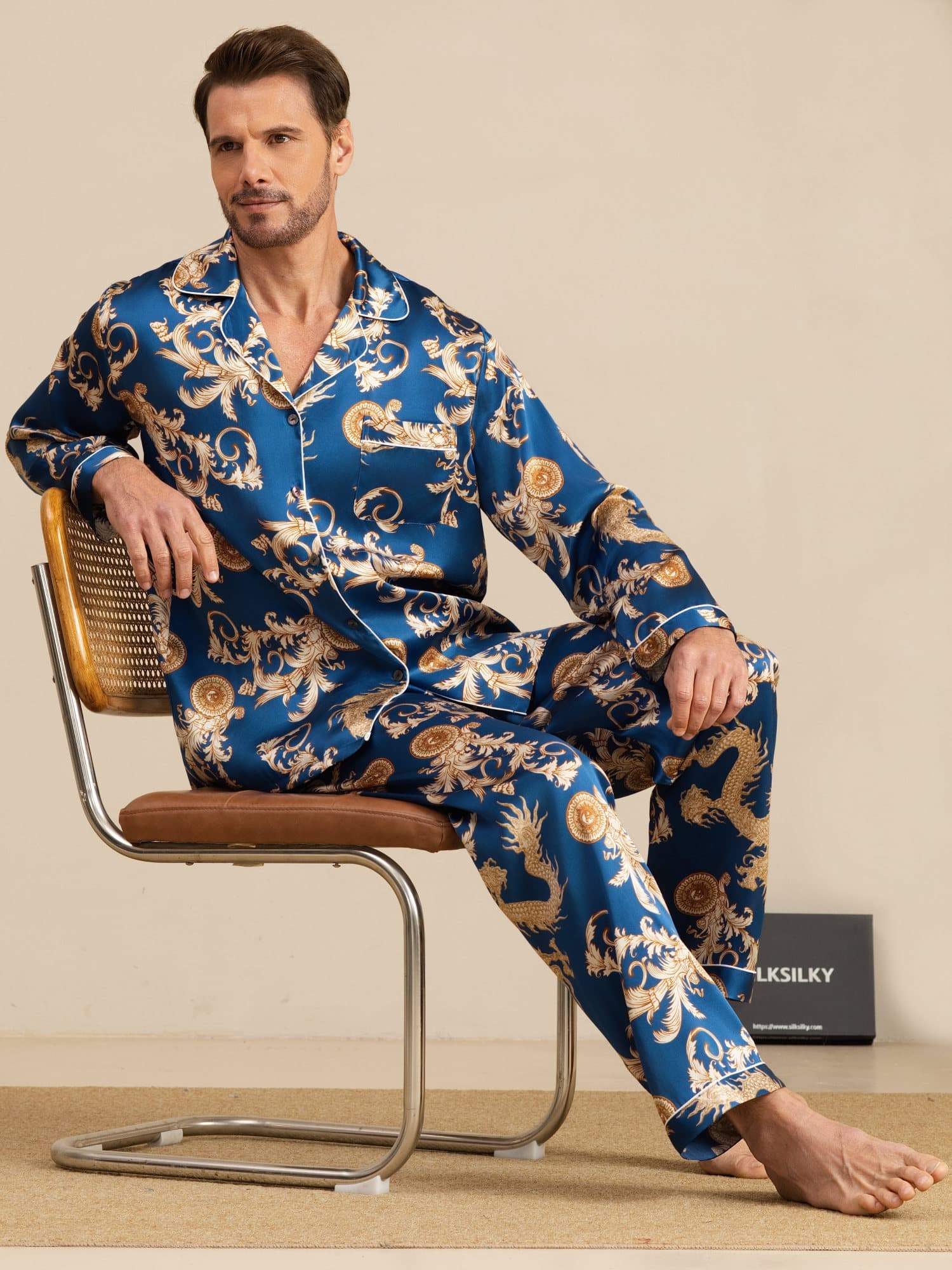 Pure Zijde Heren Draak Print Lange Mouwen Notch Kraag Pyjama Set - Image 8