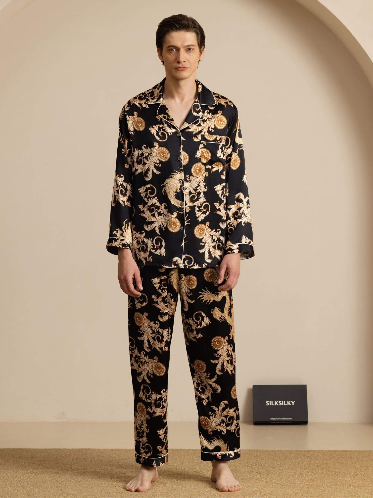Pure Zijde Heren Draak Print Lange Mouwen Notch Kraag Pyjama Set - Image 9