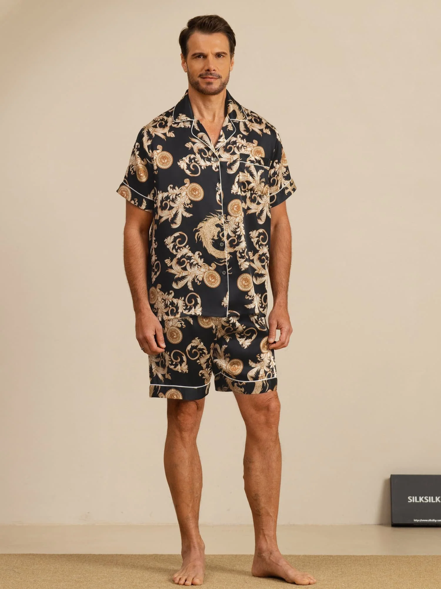 Pure Zijde Heren Draak Print Korte Mouwen Notch Kraag Pyjama Set - Image 3