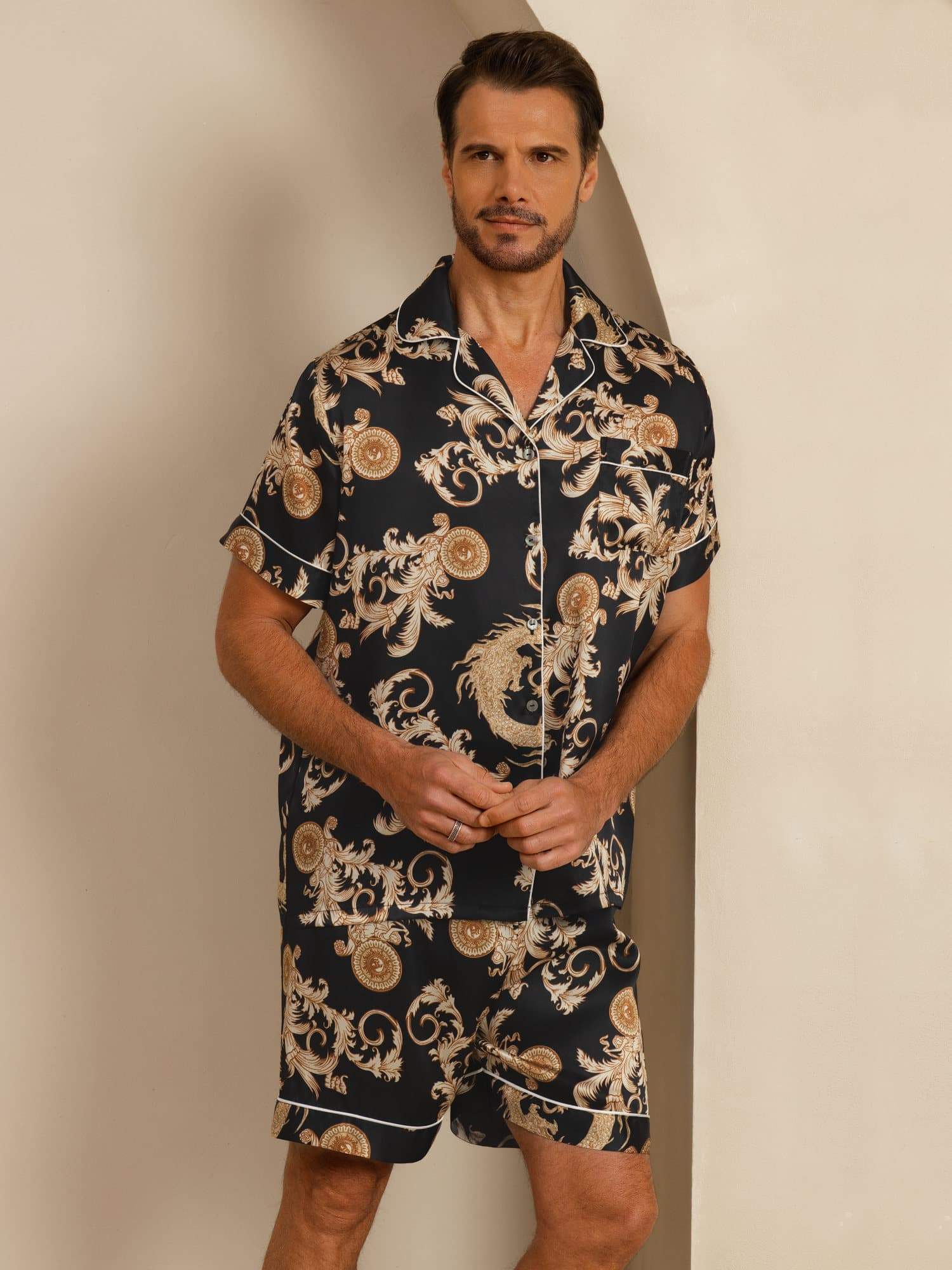 Pure Zijde Heren Draak Print Korte Mouwen Notch Kraag Pyjama Set - Image 4