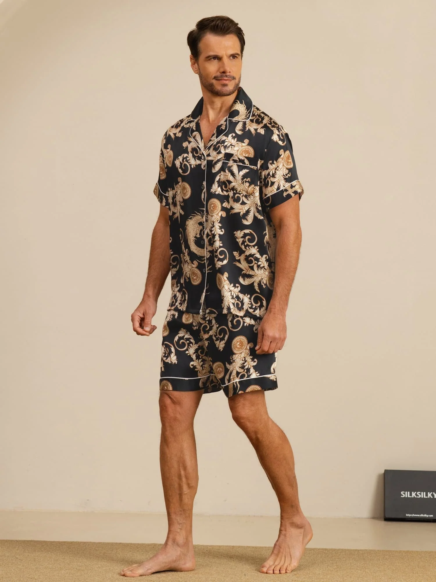 Pure Zijde Heren Draak Print Korte Mouwen Notch Kraag Pyjama Set - Image 6