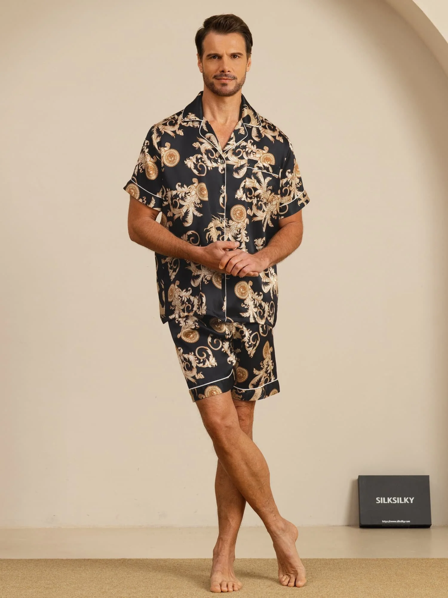 Pure Zijde Heren Draak Print Korte Mouwen Notch Kraag Pyjama Set - Image 7